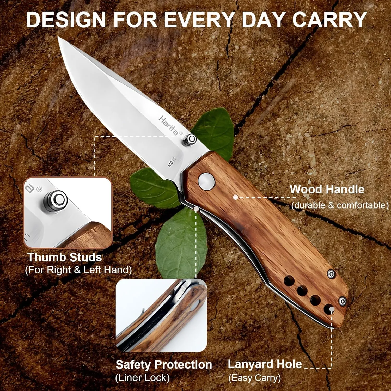 Harita Pocket Knife Folding Knife, lighteweight Zebra Wood Handle for Men, Sharp 8cr13mov Stainless Steel Blade, for Camping Fishing Survival Hiking Knives 2.95-inch (Classic Blade)