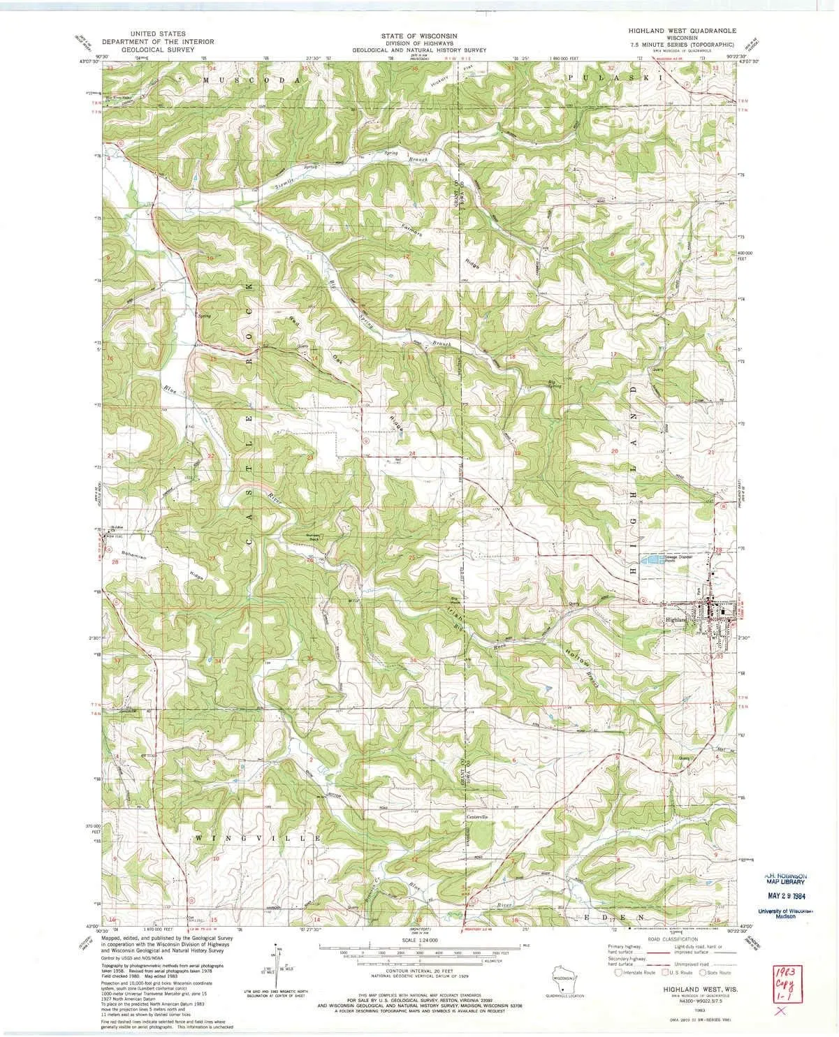 Highland West WI topo map, 1:24000 Scale, 7.5 X 7.5 Minute, Historical, 1983, Updated 1983, 27.58 x 22.08 in