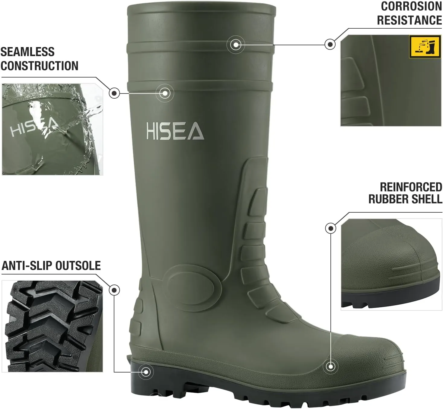 HISEA Men's Rain Boots with Steel Shank, Waterproof Rubber Boots Seamless PVC Rainboots Durable Protective Footwear Outdoor Work Boots Garden Fishing Tall Knee Boot for Agriculture and Industrial Working