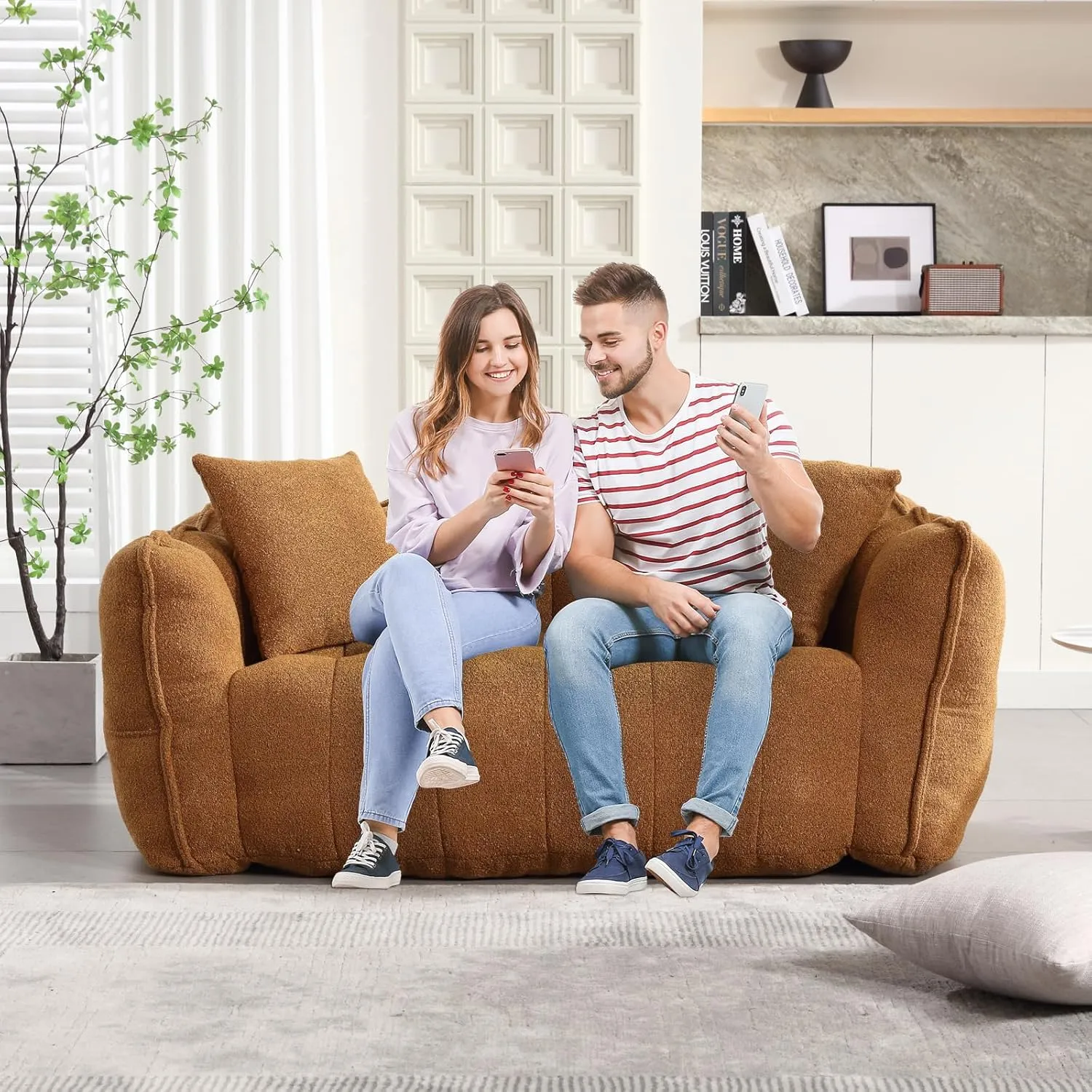 HMFULE Twin Size Bean Bag Chairs for Adults, Bean Bag Couch, Loveseat Bean Bag Sofa Modern Lazy Sofa Chair with Armrests for Living Room, Bedroom, Apartment Khaki