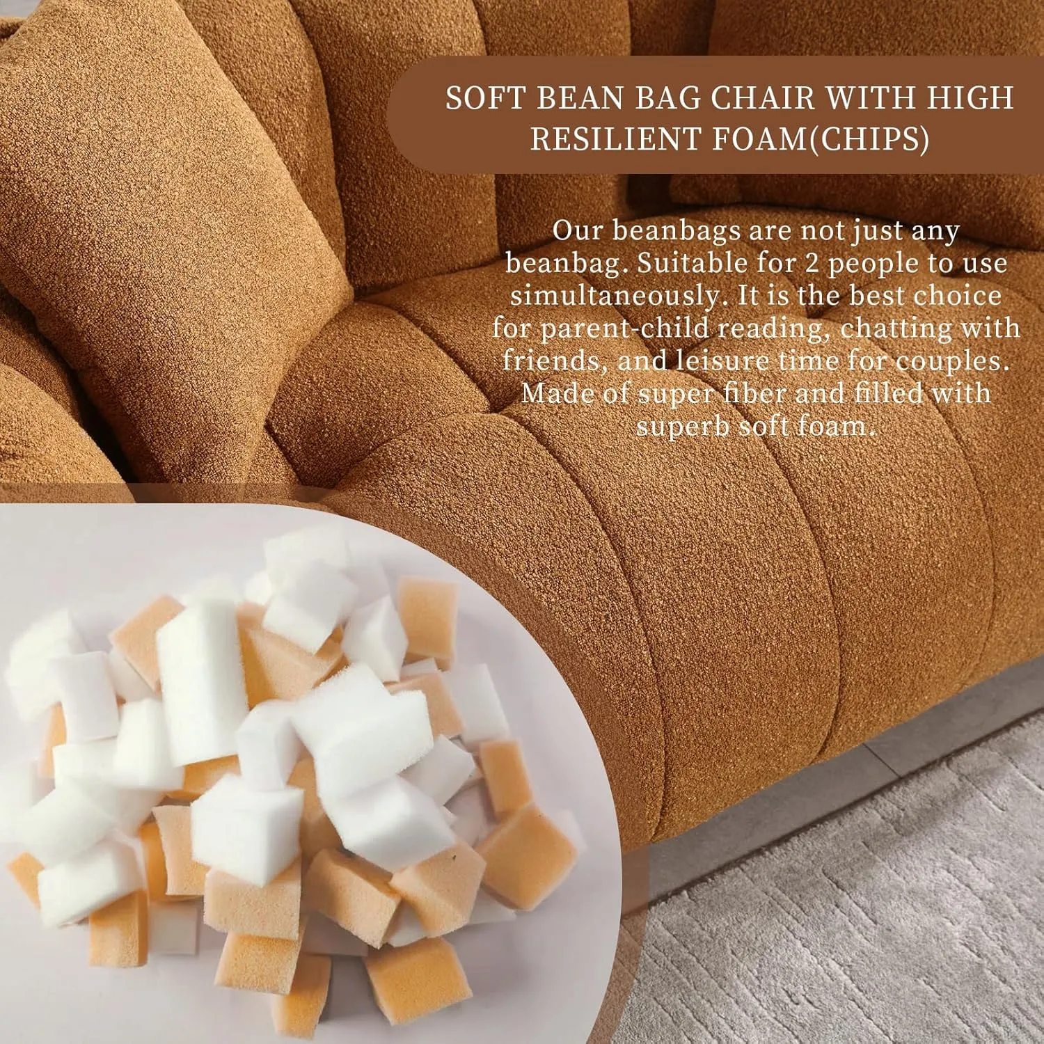 HMFULE Twin Size Bean Bag Chairs for Adults, Bean Bag Couch, Loveseat Bean Bag Sofa Modern Lazy Sofa Chair with Armrests for Living Room, Bedroom, Apartment Khaki