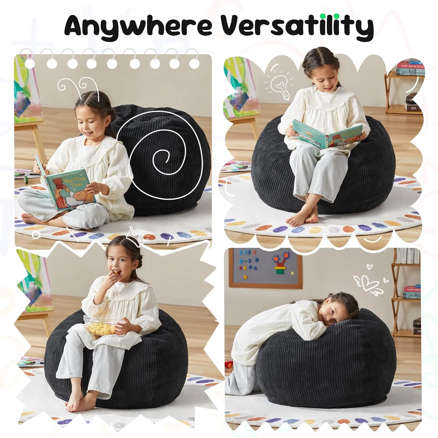Hobestluk 2.5FT Bean Bag Chair Beanbags Small Bean Bag Chair with Filler Included Teardrop Bean Bag with Removable Cover for Bedroom Living Room (Small, Black)