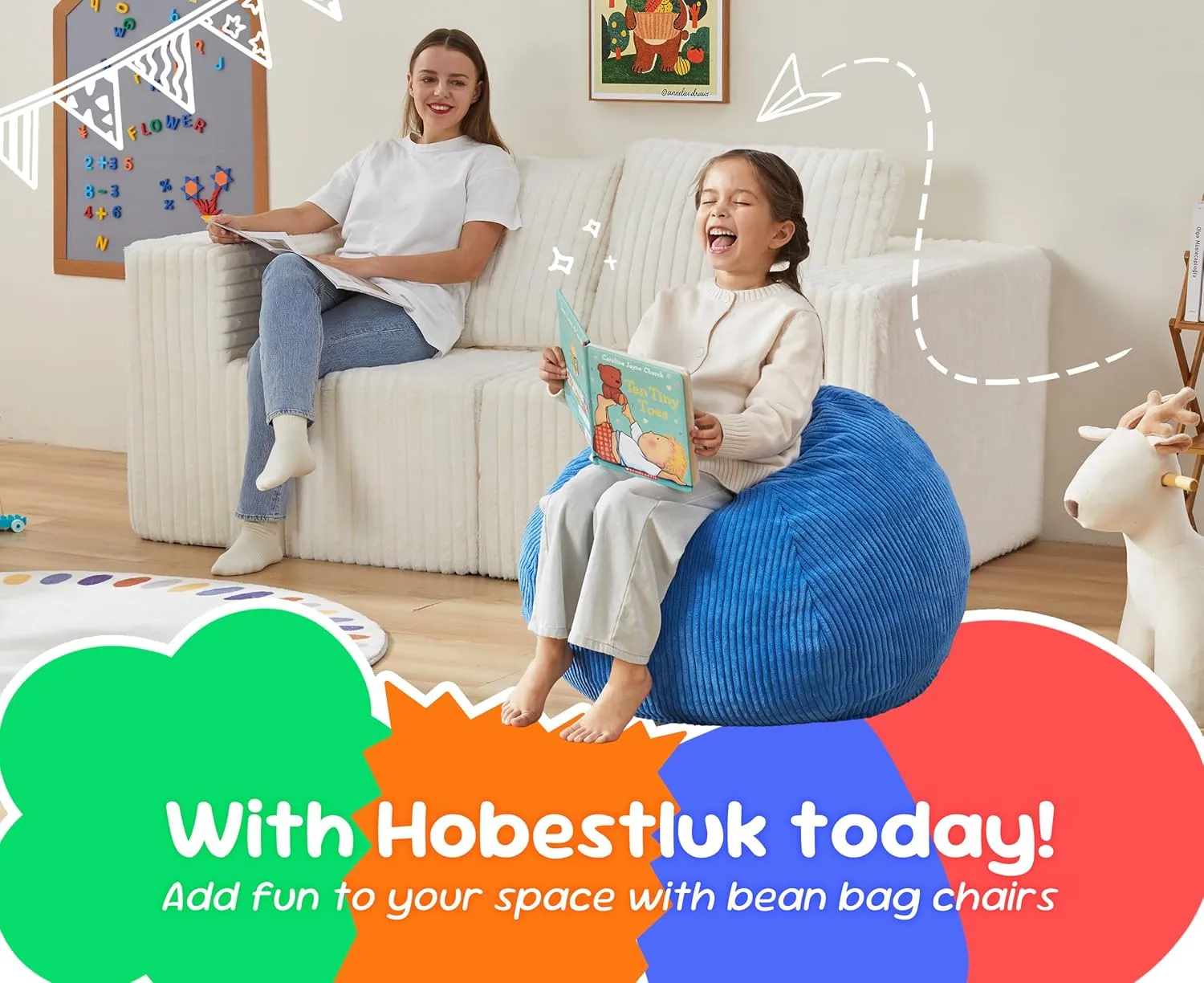 Hobestluk 2.5FT Bean Bag Chair Beanbags Small Bean Bag Chair with Filler Included Teardrop Bean Bag with Removable Cover for Bedroom Living Room (Small, Blue)