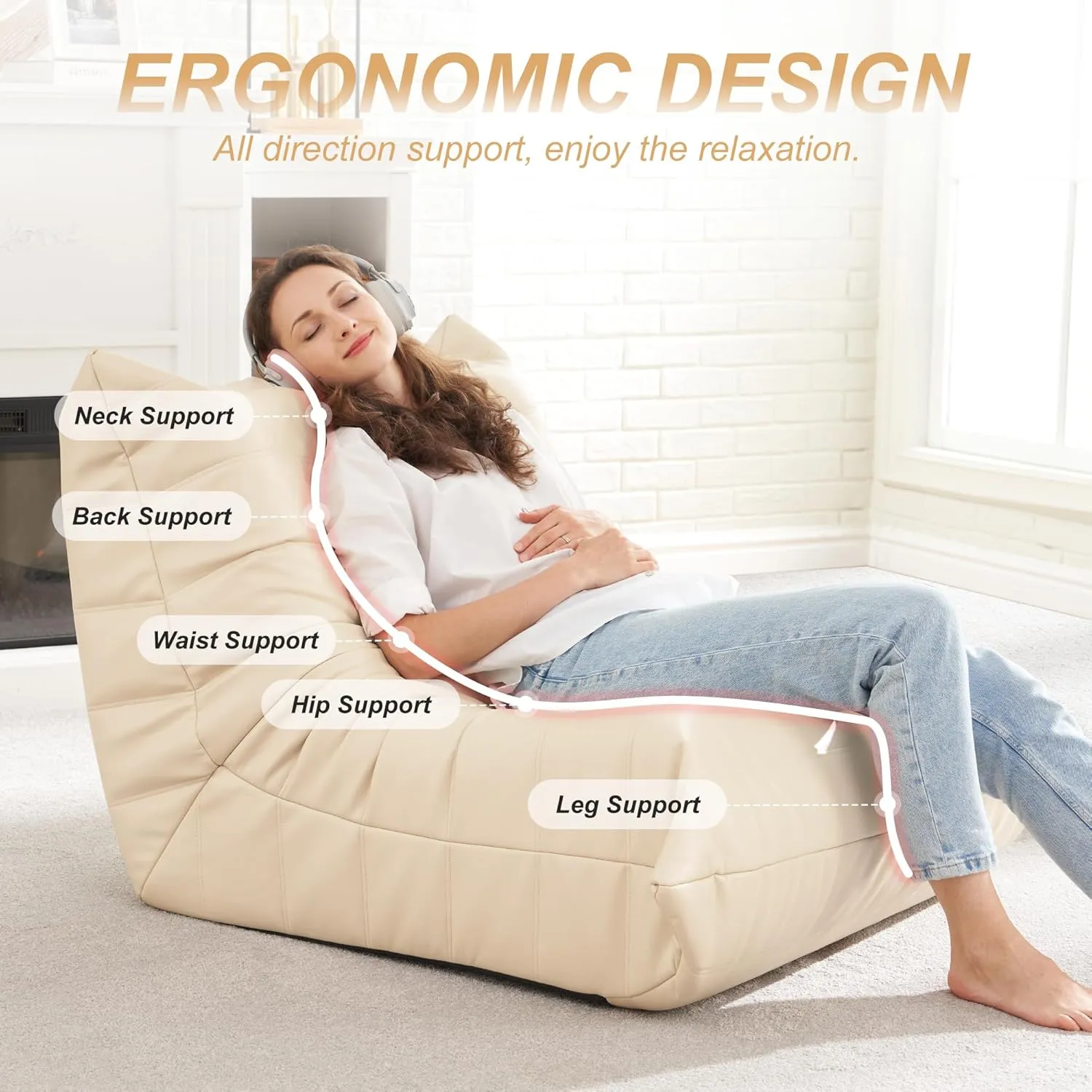 Hobestluk Bean Bag Chair Giant Bean Bag Sofa Memory Foam Bean Bag Chairs for Adults, Bean Bag Couches Faux Leather Bean Bag Chairs for Living Room Bedroom Dorm Office (Beige)