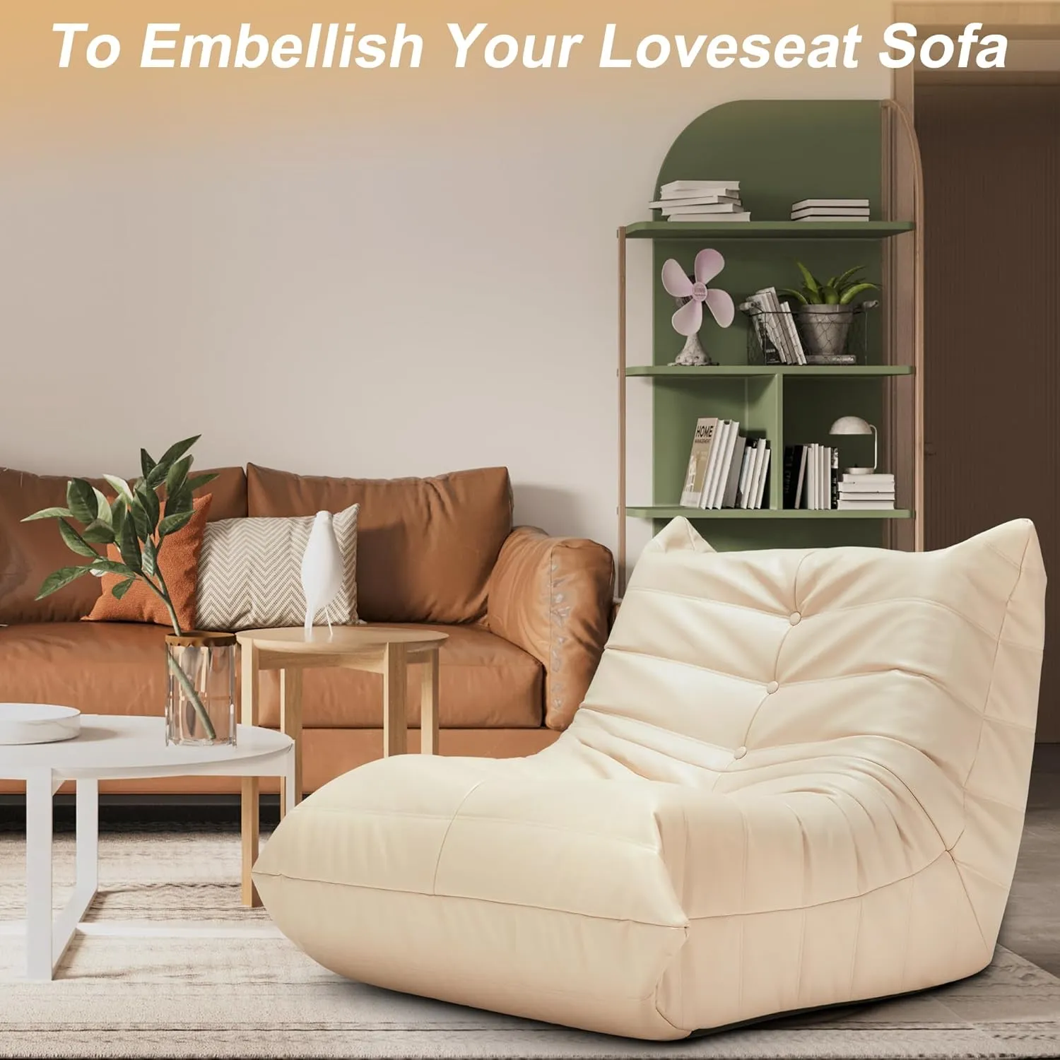 Hobestluk Bean Bag Chair Giant Bean Bag Sofa Memory Foam Bean Bag Chairs for Adults, Bean Bag Couches Faux Leather Bean Bag Chairs for Living Room Bedroom Dorm Office (Beige)