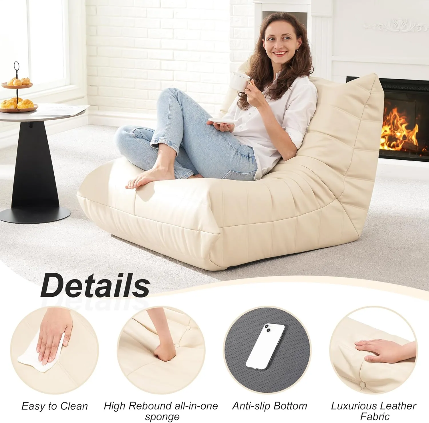 Hobestluk Bean Bag Chair Giant Bean Bag Sofa Memory Foam Bean Bag Chairs for Adults, Bean Bag Couches Faux Leather Bean Bag Chairs for Living Room Bedroom Dorm Office (Beige)