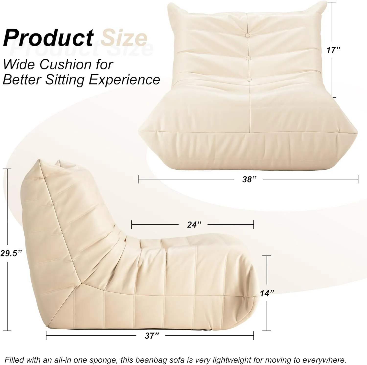 Hobestluk Bean Bag Chair Giant Bean Bag Sofa Memory Foam Bean Bag Chairs for Adults, Bean Bag Couches Faux Leather Bean Bag Chairs for Living Room Bedroom Dorm Office (Beige)