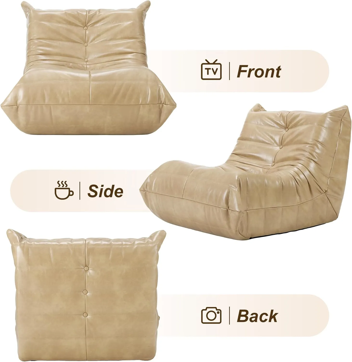 Hobestluk Bean Bag Chair Giant Bean Bag Sofa Memory Foam Bean Bag Chairs for Adults, Bean Bag Couches Faux Leather Bean Bag Chairs for Living Room Bedroom Dorm Office (Khaki)