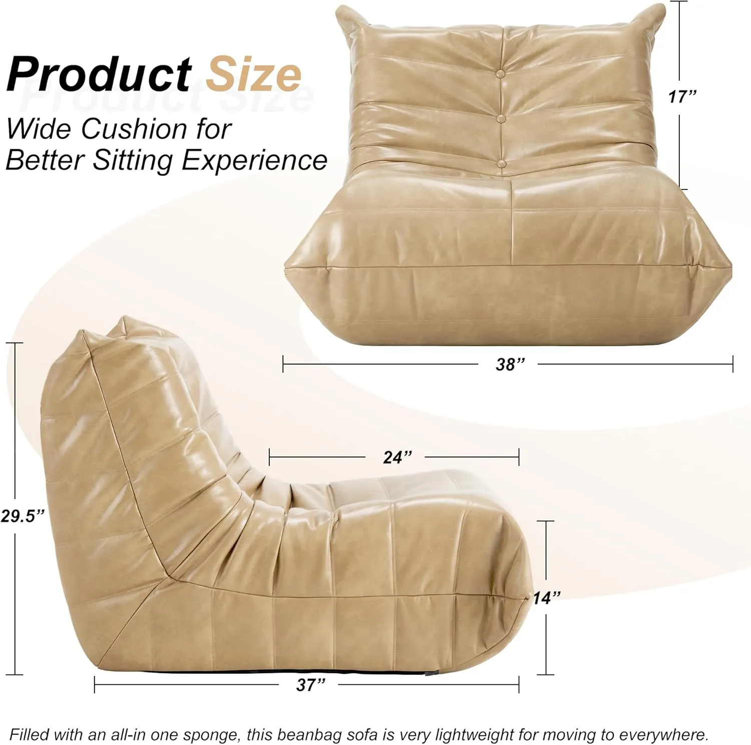 Hobestluk Bean Bag Chair Giant Bean Bag Sofa Memory Foam Bean Bag Chairs for Adults, Bean Bag Couches Faux Leather Bean Bag Chairs for Living Room Bedroom Dorm Office (Khaki)
