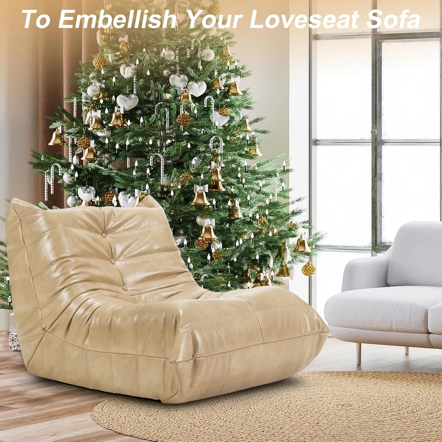Hobestluk Bean Bag Chair Giant Bean Bag Sofa Memory Foam Bean Bag Chairs for Adults, Bean Bag Couches Faux Leather Bean Bag Chairs for Living Room Bedroom Dorm Office (Khaki)