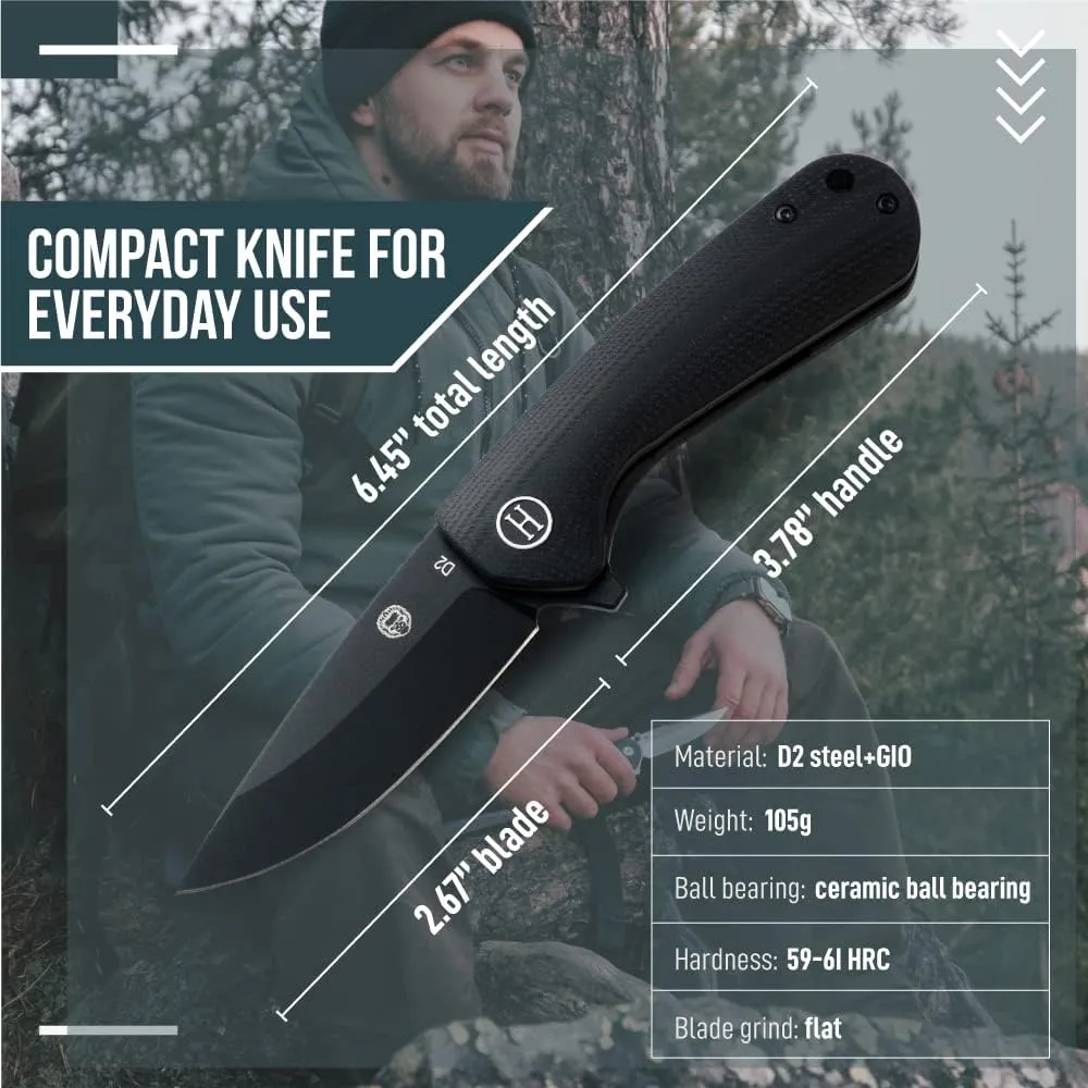 Holtzman's Gorilla Survival Peasant Folding Knife with G10 Tactical Handle, D2 Steel Blade, Gift Box Set (Black) - Great for Everyday Carry