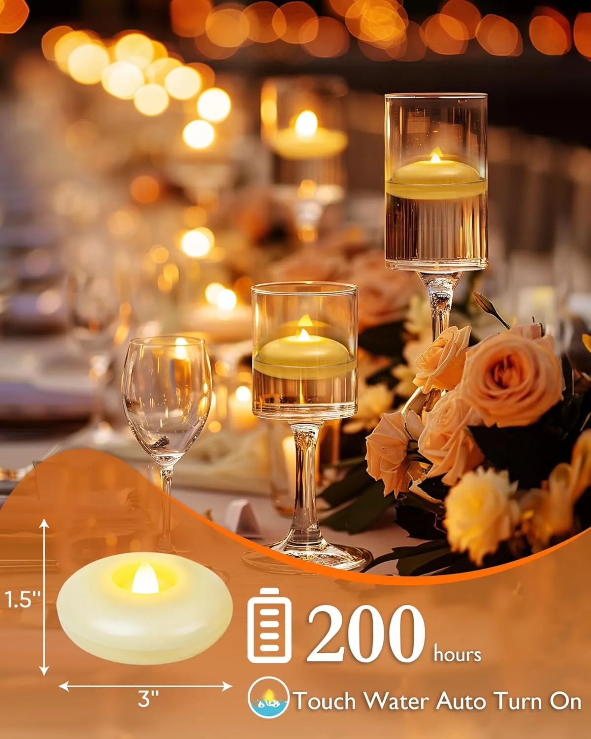 Homemory 24 Pack 3” Flameless Led Floating Candles, 200 Hour Battery Operated Flickering Waterproof Tealights for Cylinder Vases, Centerpieces at Wedding, Party, Pool, Holiday (Ivory Base)