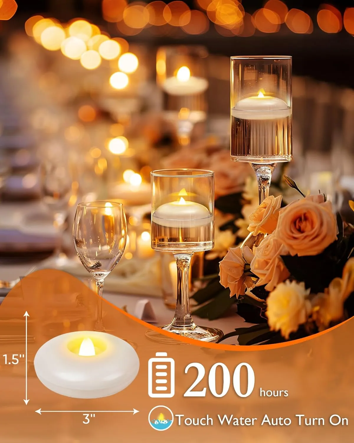 Homemory 48 Pack 3” Flameless Led Floating Candles, 200 Hour White Battery Operate Waterproof Tealights for Cylinder Vases, Centerpieces at Wedding Decor, Party, Pool