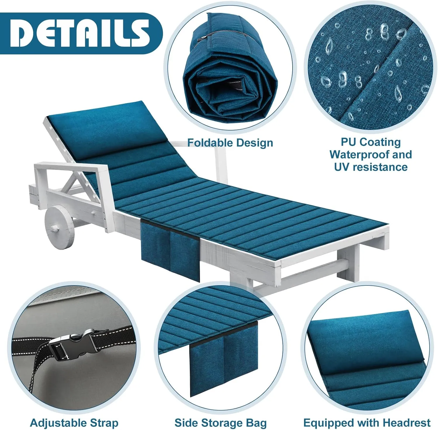 Hoolerry 2Pcs Outdoor Lounge Chair Cushions Waterproof Folding Chaise Lounge Cushion for Patio Lawn Pool Beach Chair Pad with Headrest and Pocket 72'' x 21'', No Chair(Light Blue)