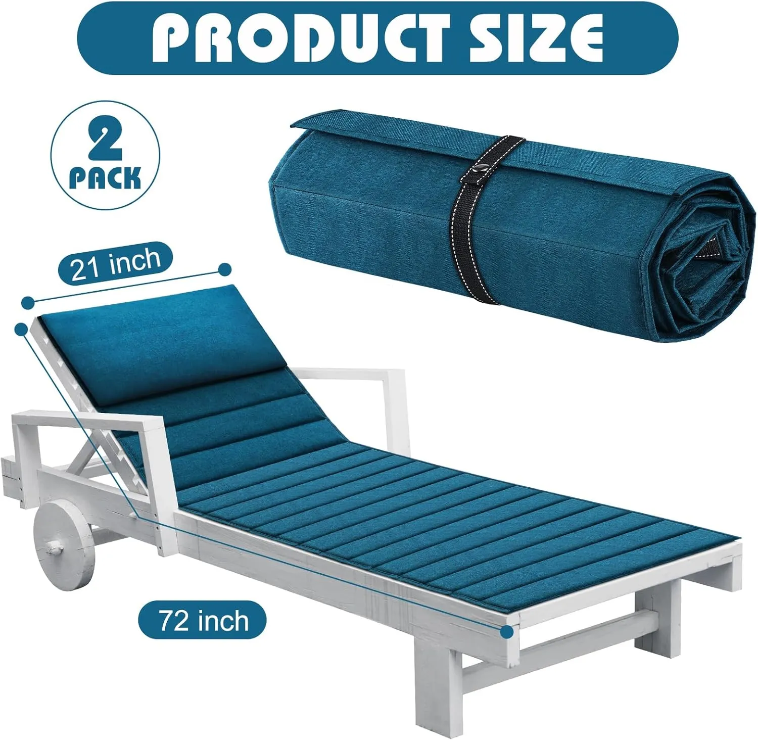 Hoolerry 2Pcs Outdoor Lounge Chair Cushions Waterproof Folding Chaise Lounge Cushion for Patio Lawn Pool Beach Chair Pad with Headrest and Pocket 72'' x 21'', No Chair(Light Blue)