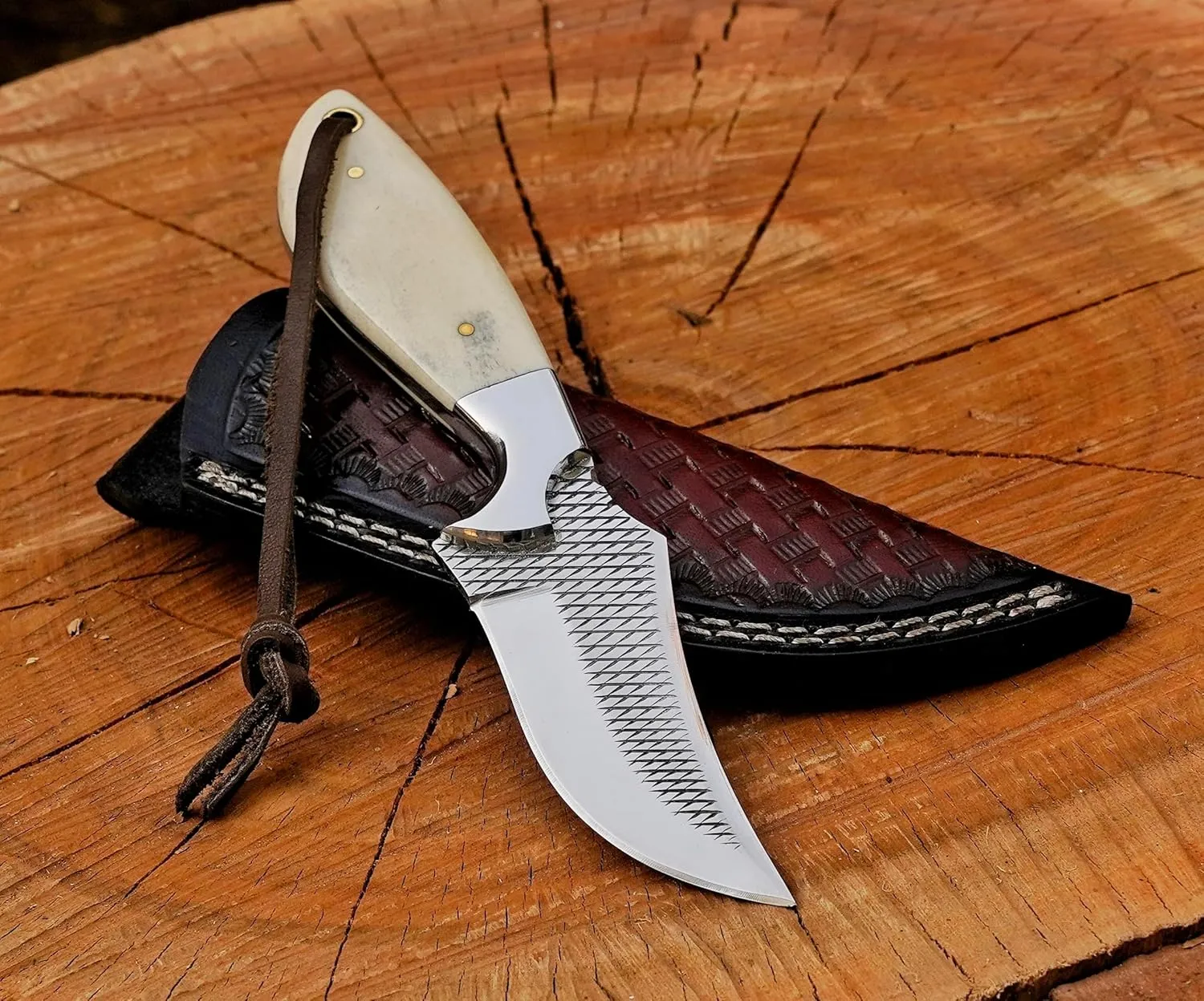 Hunting Knife With Leather Sheath -Handmade Cowboy Skinning Survival Knives for Men & Women-Outdoor Camping Hiking Rasp Knife -Stainless Fixed Blade Full Tang-Camel Bone hnadle