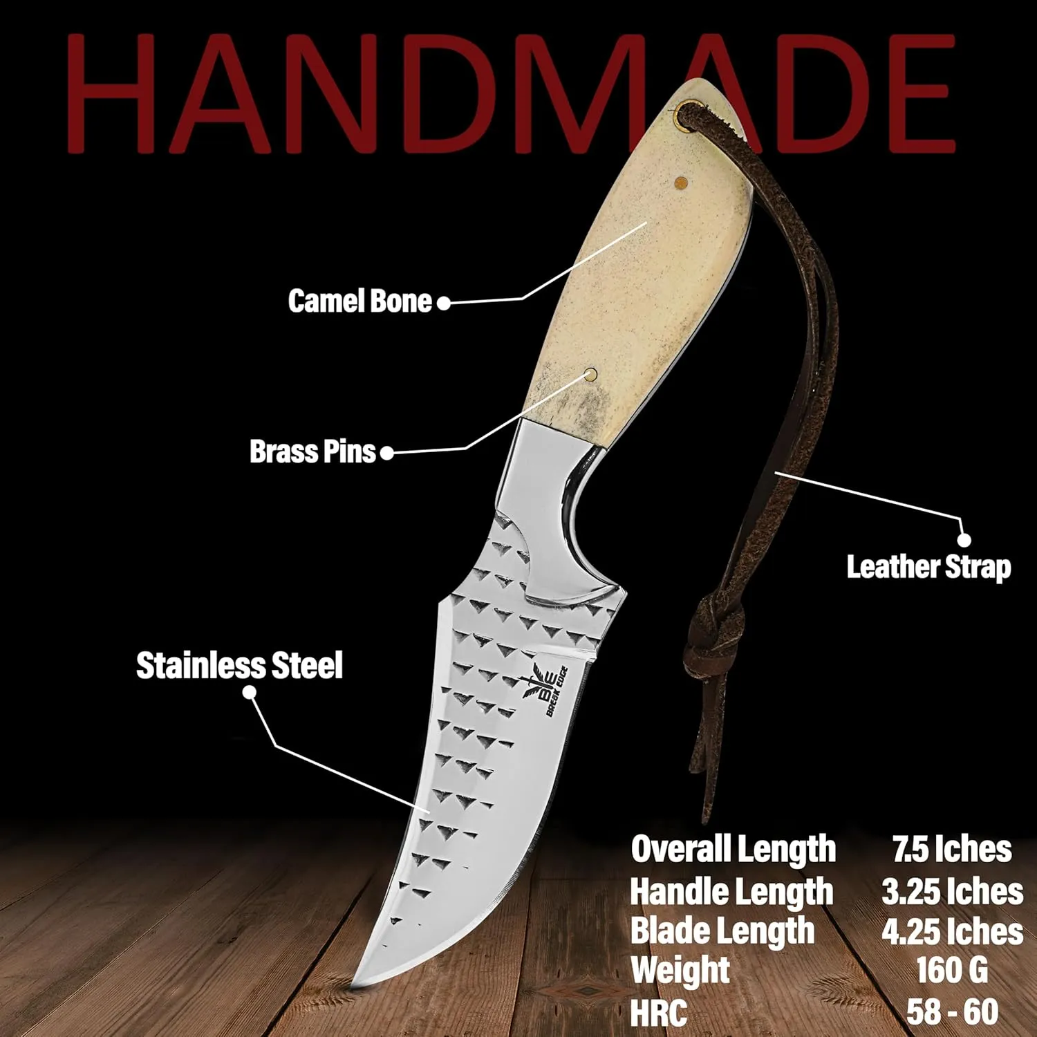 Hunting Knife With Leather Sheath -Handmade Cowboy Skinning Survival Knives for Men & Women-Outdoor Camping Hiking Rasp Knife -Stainless Fixed Blade Full Tang-Camel Bone hnadle