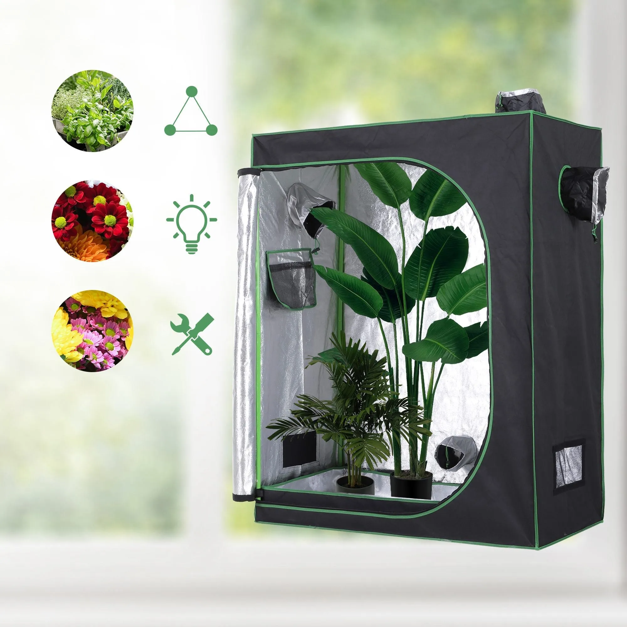 Hydroponic Plant Grow Tent Canopy Indoor Reflective Mylar Green Room 600D Oxford 120L x60W x150H cm Silver