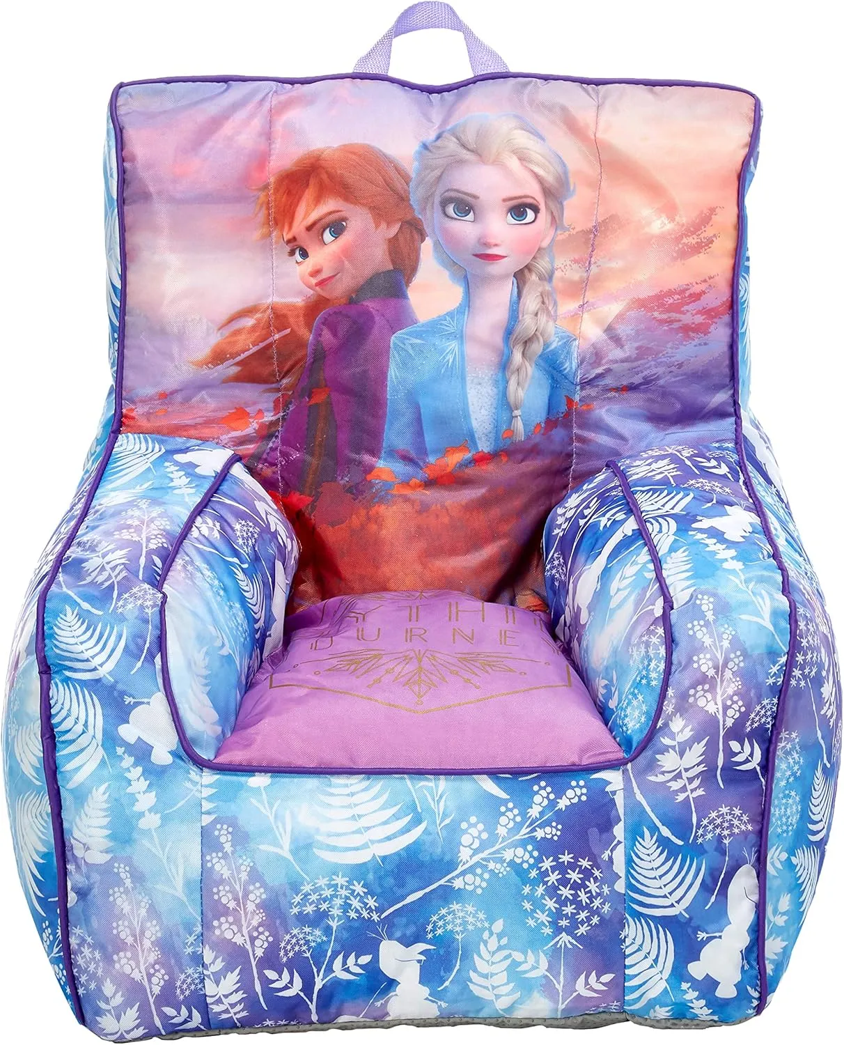 Idea Nuova Frozen 2 Kids Nylon Bean Bag Chair with Piping & Top Carry Handle with Olaf Graphics, Anna & Elsa, Purple, Large