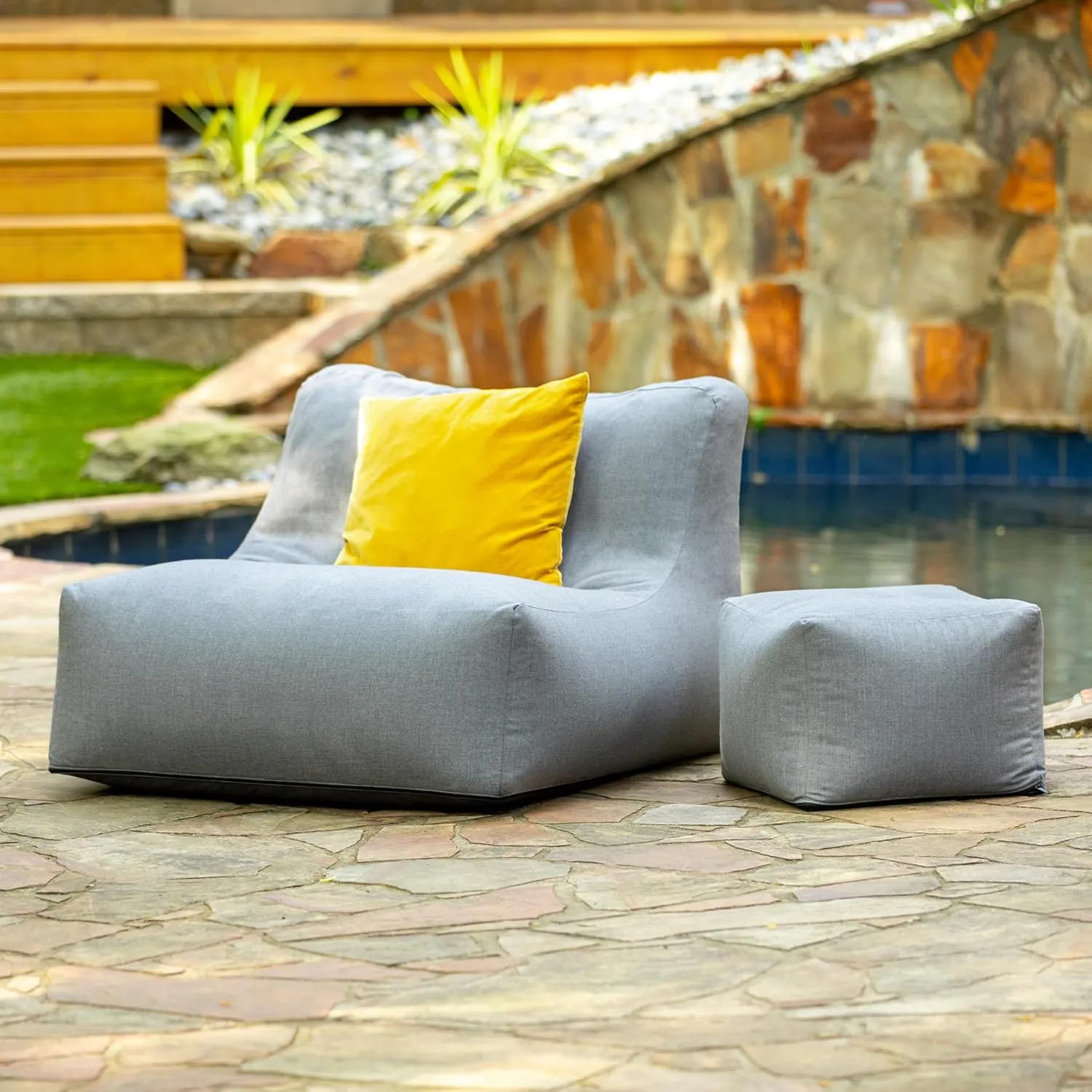 Jaxx Coza Outdoor Chair - Large Bean Bag Lounge Chair for Poolside & Patio Lounging - Sunbrella, Granite