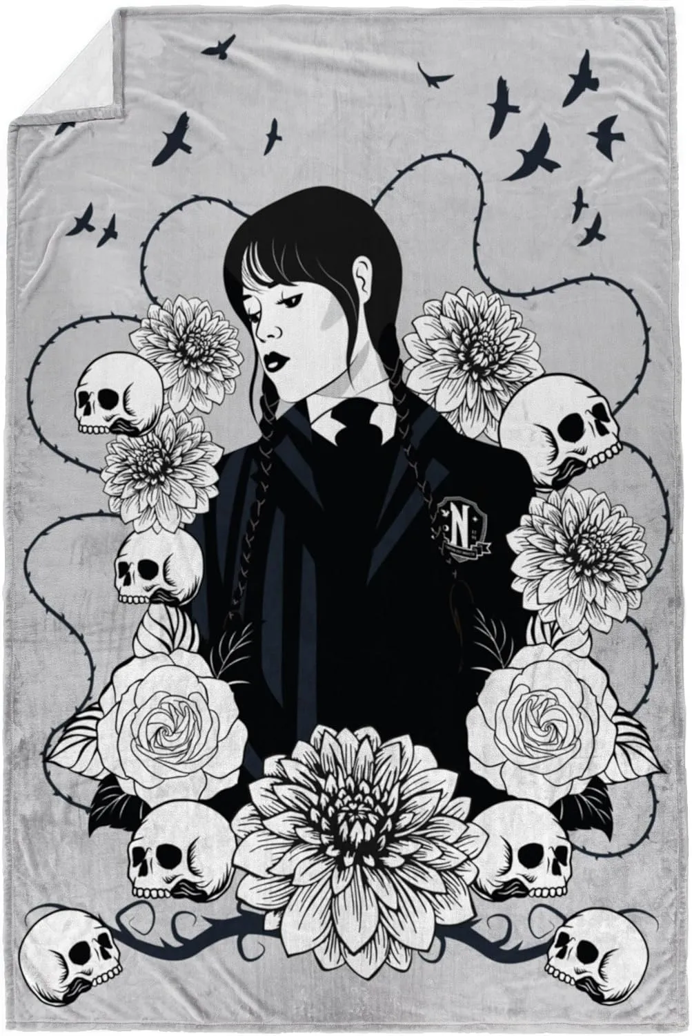 Jay Franco Wednesday Addams Plush Throw Blanket - Measures 50 x 70 Inches, Black & White Gothic - Super Soft Lightweight Fleece Kids Bedding