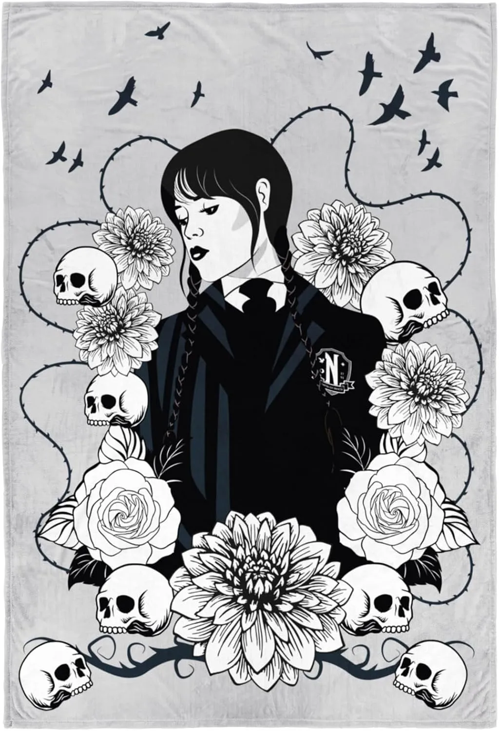 Jay Franco Wednesday Addams Plush Throw Blanket - Measures 50 x 70 Inches, Black & White Gothic - Super Soft Lightweight Fleece Kids Bedding