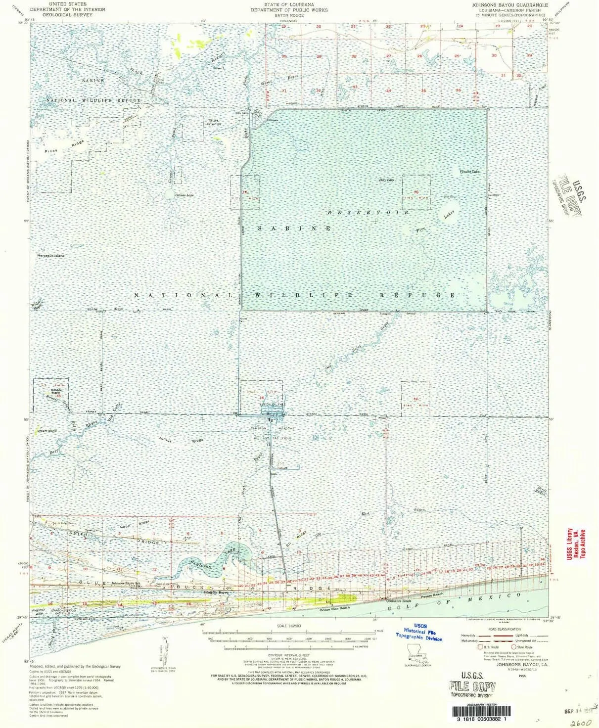 Johnsons Bayou LA topo map, 1:62500 Scale, 15 X 15 Minute, Historical, 1955, Updated 1956, 21.8 x 17.9 in