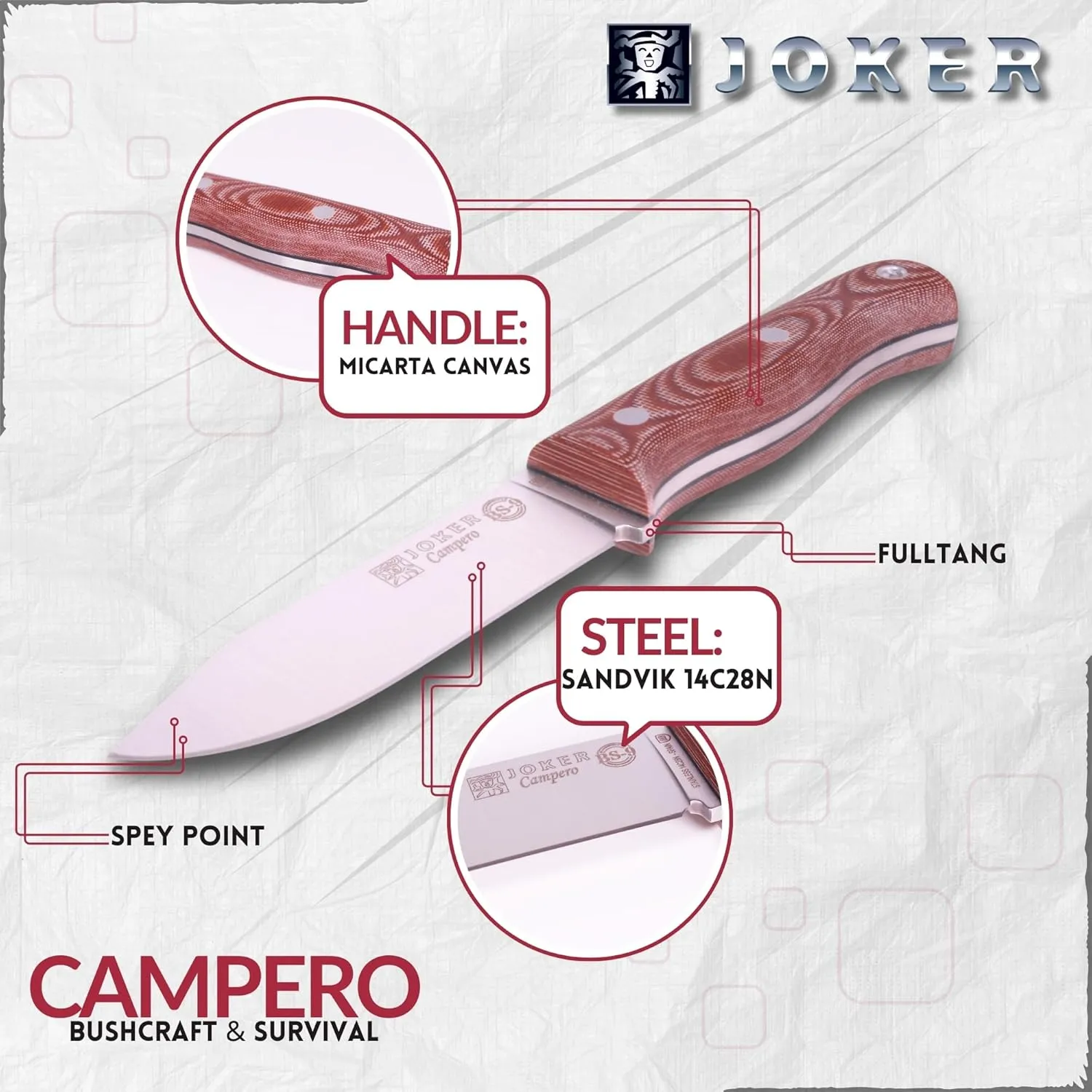 Joker Survival Knife BS9 Campero CM112-P, Micarta Canvas handle, 4.13 inches blade of SANDVIK 14C28N, brown leather Sheath with Fire Starter, Tool for fishing, Hunting, camping and hiking