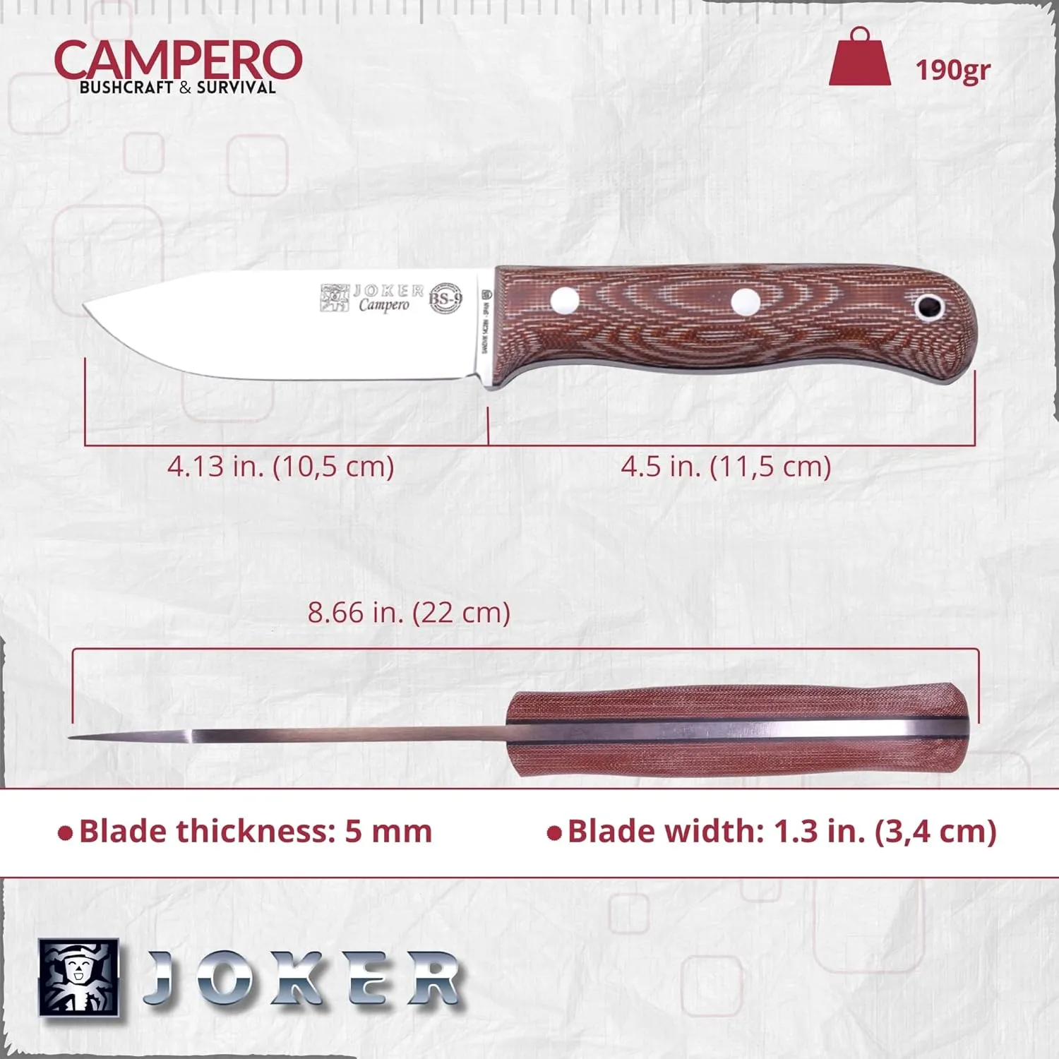 Joker Survival Knife BS9 Campero CM112-P, Micarta Canvas handle, 4.13 inches blade of SANDVIK 14C28N, brown leather Sheath with Fire Starter, Tool for fishing, Hunting, camping and hiking