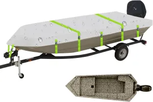 Jon Boat Cover Fit Crestliner Jon 1600 1648 1448, 14-16ft Trailerable 900D Heavy Duty with PU Coating 100% Waterproof & UV-Resistant, [Motor Cover Included]