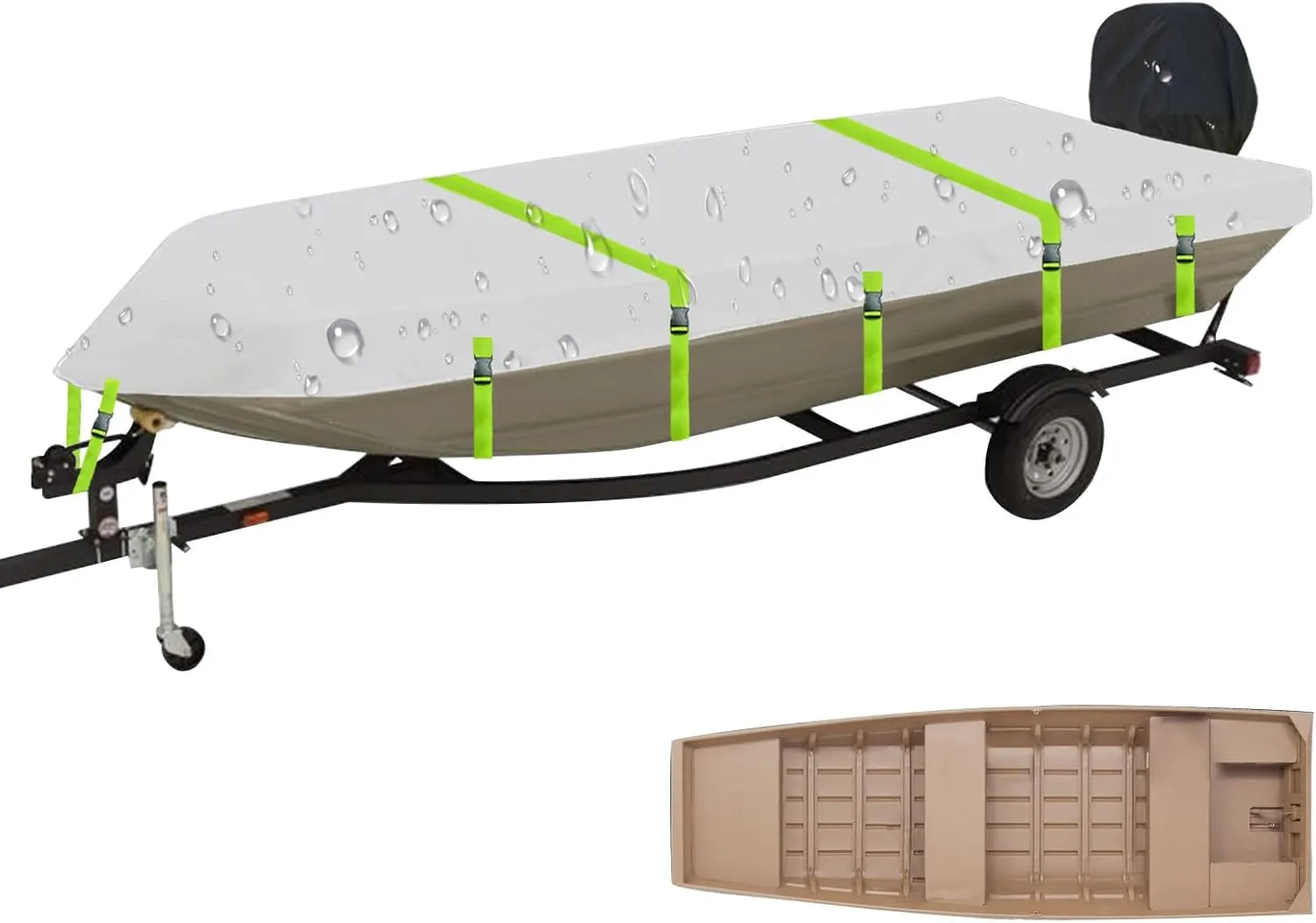 Jon Boat Cover Fit G3 Loose Jon Series 1436 1436W 1442 1448, 14ft Trailerable 900D Heavy Duty with PU Coating 100% Waterproof & UV-Resistant, All-Weather Protection [Motor Cover Included]