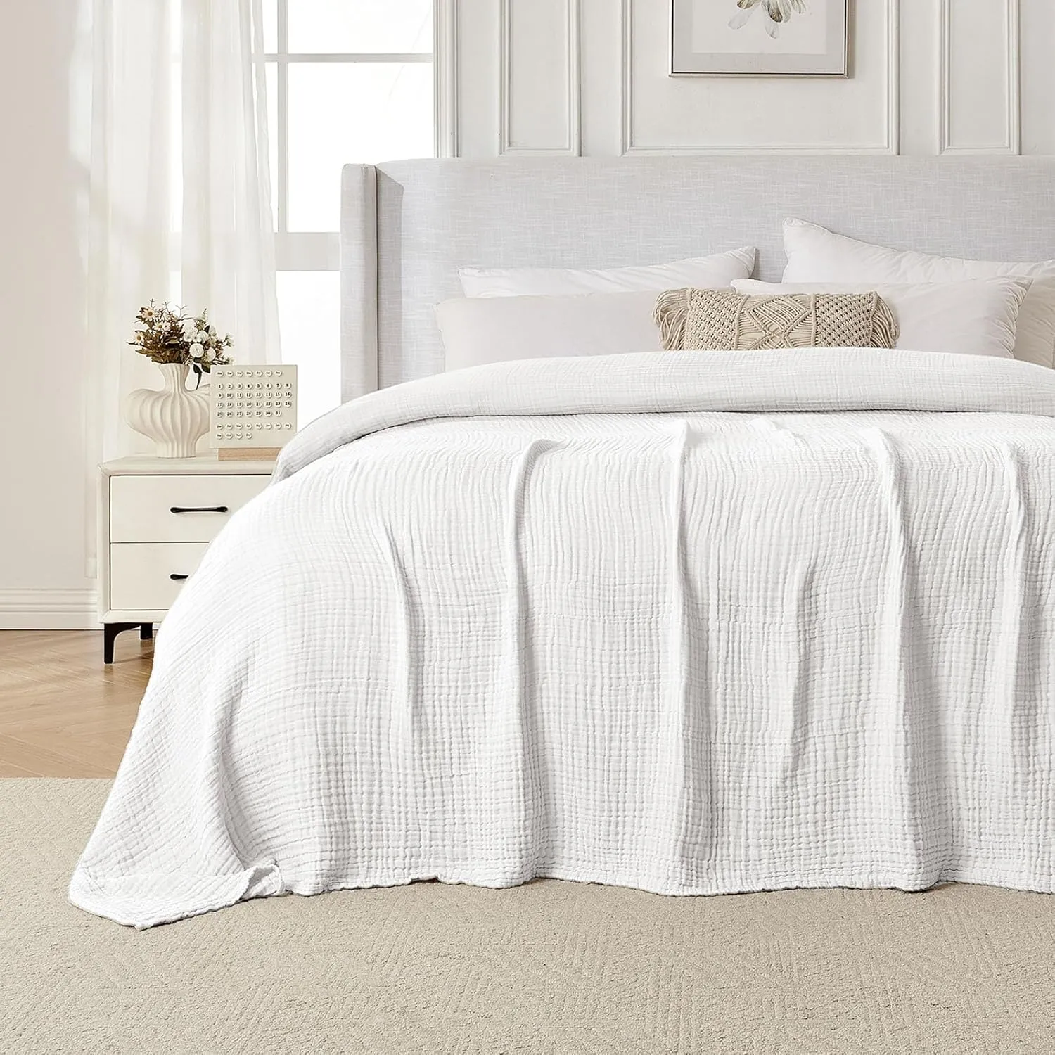 Joydeco 100% Cotton Muslin Throw Blanket for Couch Bed and Sofa, 4-Layer Lightweight and Breathable Soft Gauze Blanket for All Season, Luxury Throws Cotton Blanket Gift(White, 50"x70")
