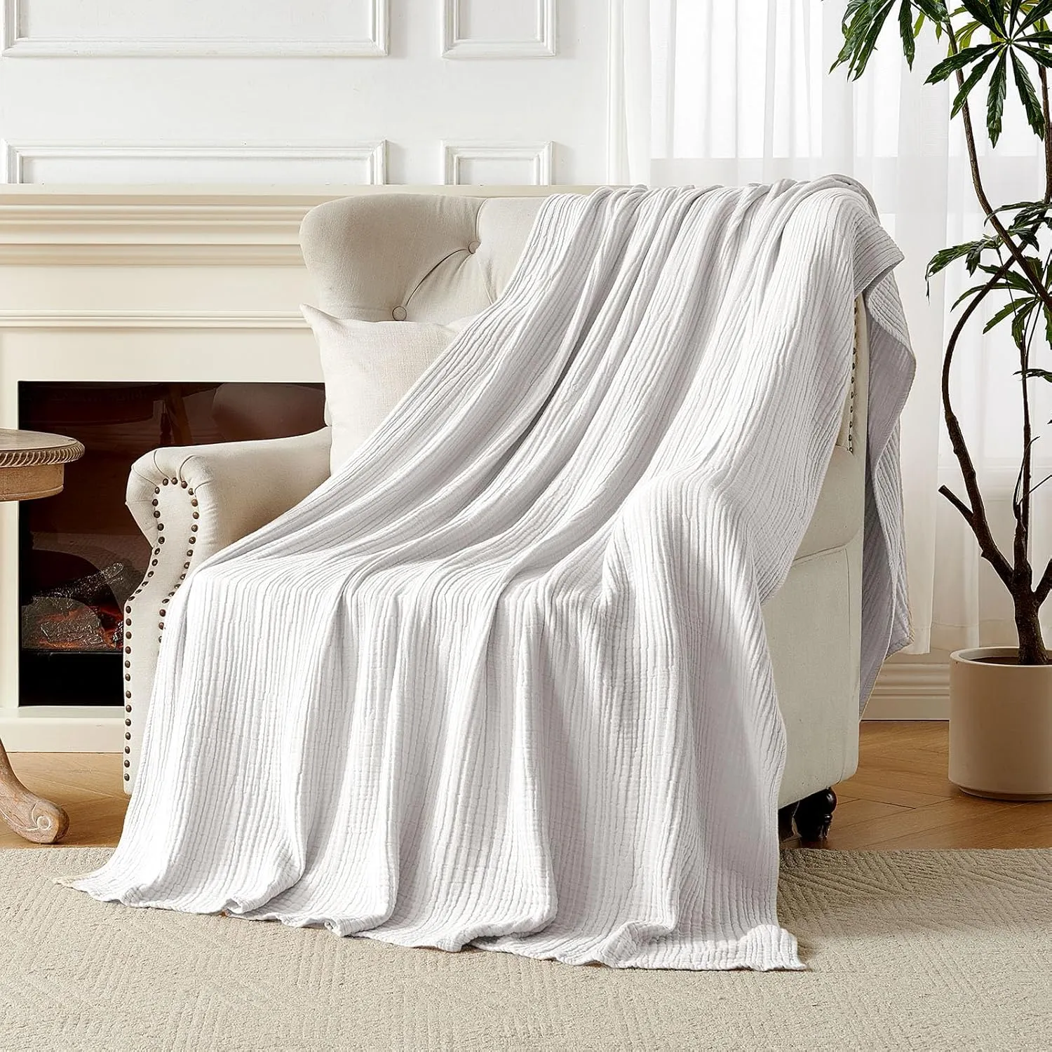 Joydeco 100% Cotton Muslin Throw Blanket for Couch Bed and Sofa, 4-Layer Lightweight and Breathable Soft Gauze Blanket for All Season, Luxury Throws Cotton Blanket Gift(White, 50"x70")