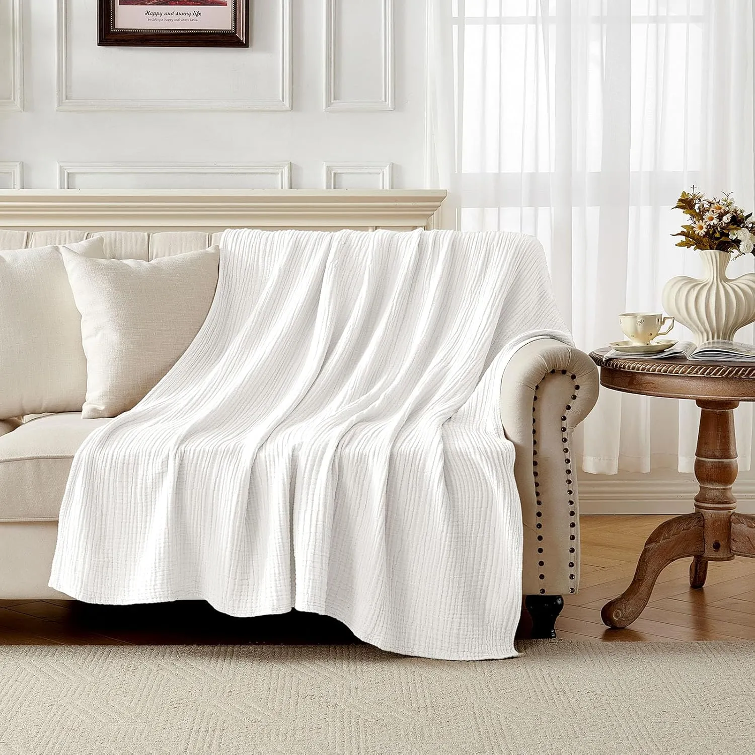 Joydeco 100% Cotton Muslin Throw Blanket for Couch Bed and Sofa, 4-Layer Lightweight and Breathable Soft Gauze Blanket for All Season, Luxury Throws Cotton Blanket Gift(White, 50"x70")