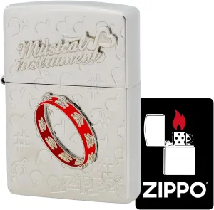 KAJIKAWA Zippo Lighter, Windproof, Brass, Etched on Both Sides, Satena Finish, Includes Special Stickers, Silver WNS-Tambourine