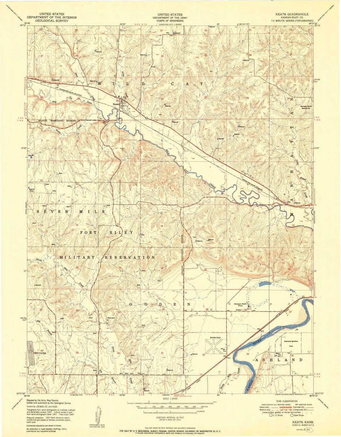 Keats KS topo map, 1:24000 Scale, 7.5 X 7.5 Minute, Historical, 1950, 27.03 x 21.11 in