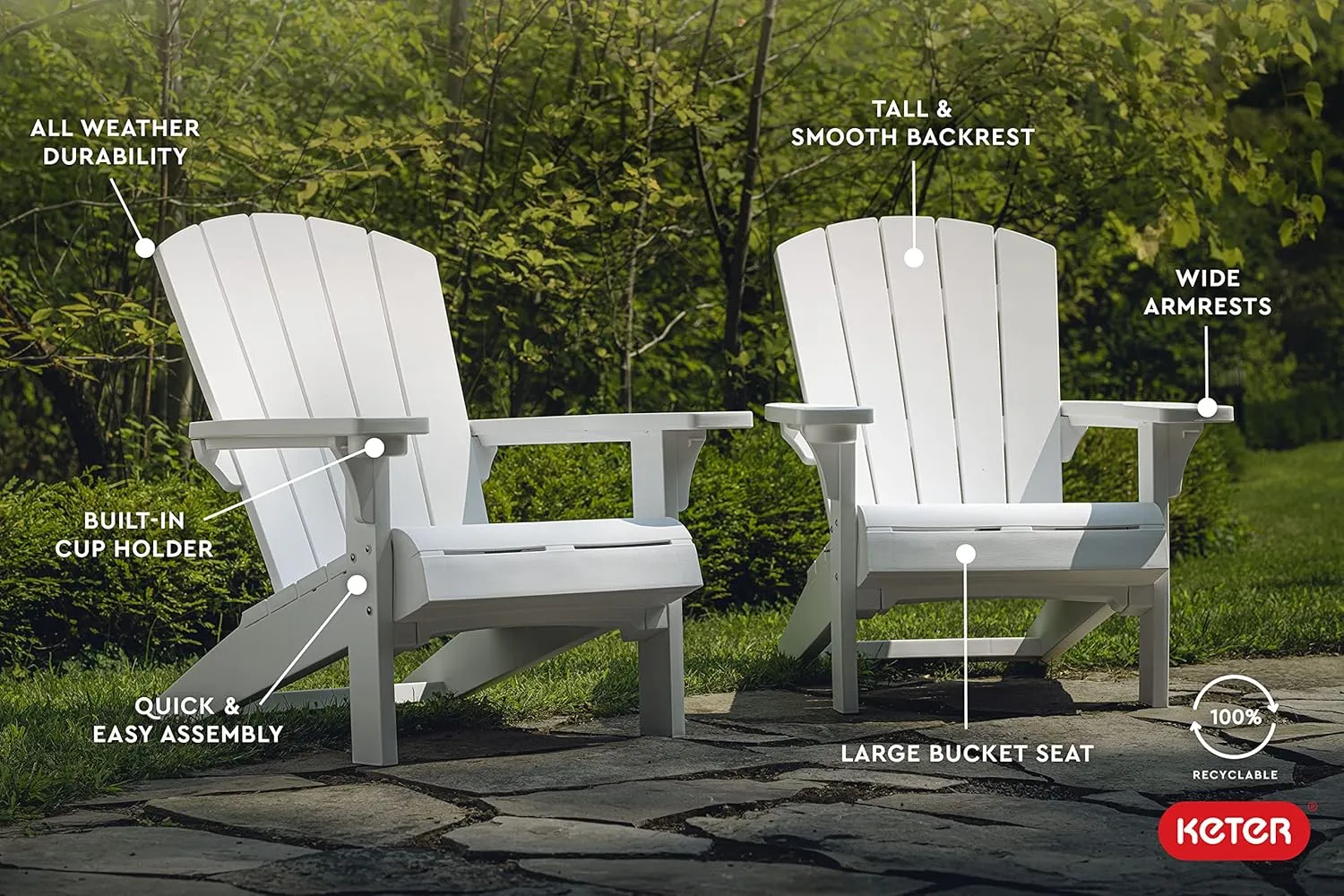 Keter Alpine Adirondack 2 Pack Resin Outdoor Furniture Patio Chairs with Cup Holder-Perfect for Beach, Pool, and Fire Pit Seating, White