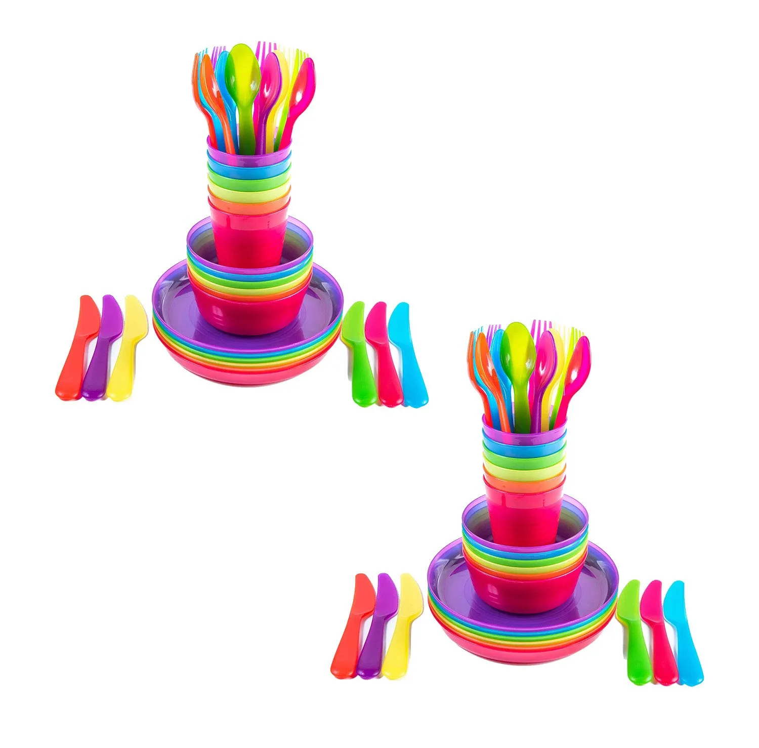 Kids Plastic Dinnerware Set of 72 Multi Color Pieces (Plates, Bowls, Cups and Flatware) - Reusable, BPA-Free, Dishwasher Safe and Microwaveable