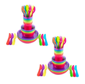 Kids Plastic Dinnerware Set of 72 Multi Color Pieces (Plates, Bowls, Cups and Flatware) - Reusable, BPA-Free, Dishwasher Safe and Microwaveable
