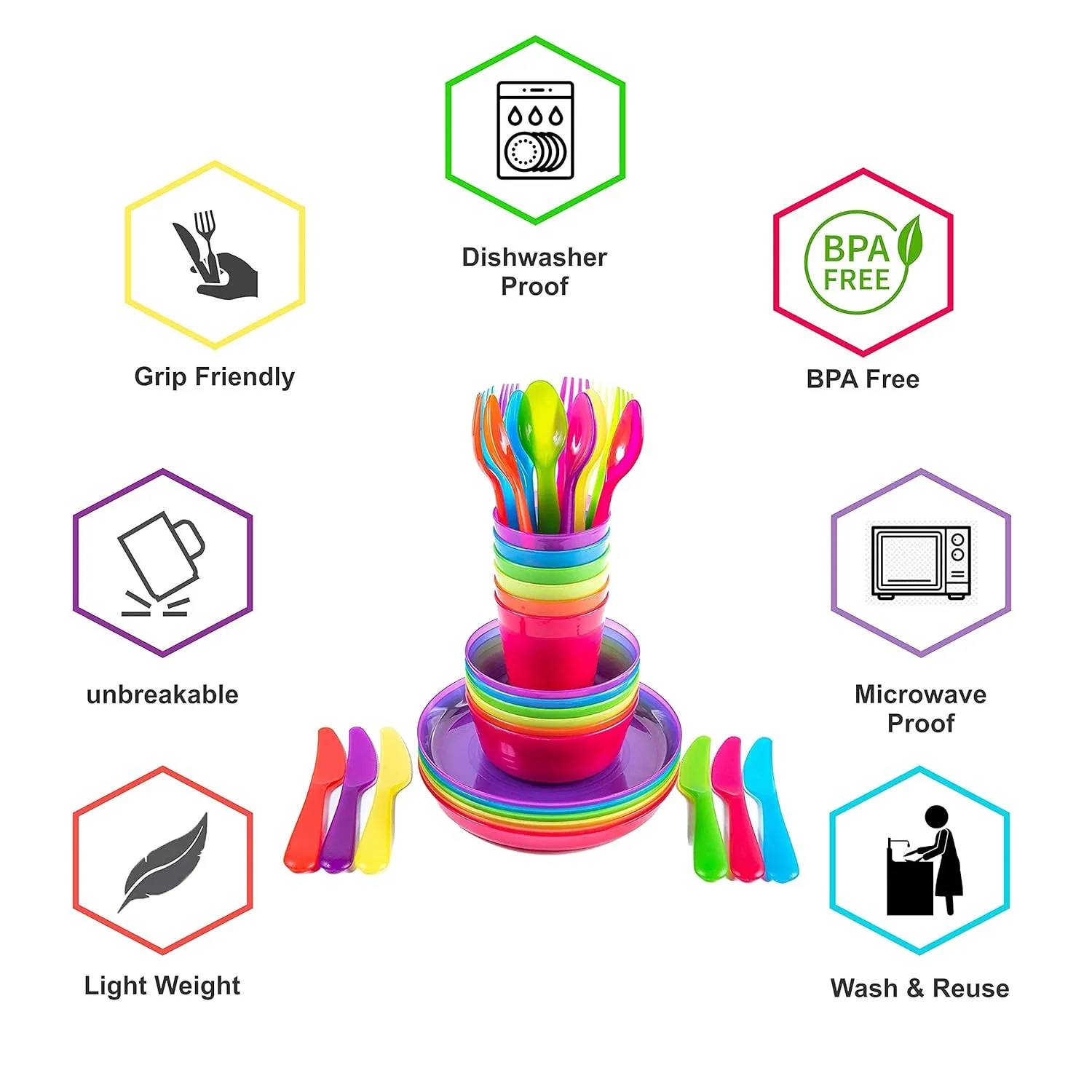 Kids Plastic Dinnerware Set of 72 Multi Color Pieces (Plates, Bowls, Cups and Flatware) - Reusable, BPA-Free, Dishwasher Safe and Microwaveable