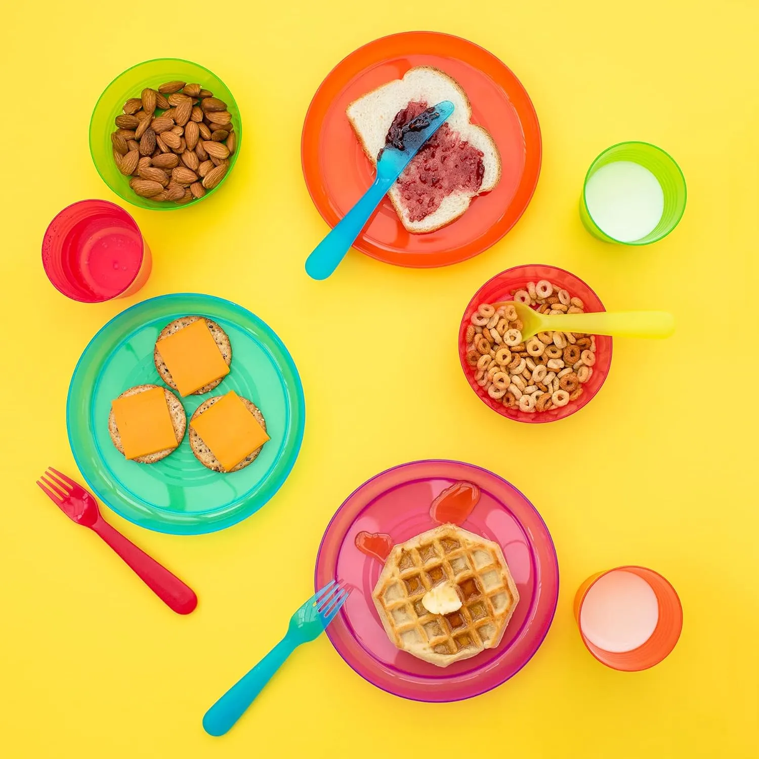Kids Plastic Dinnerware Set of 72 Multi Color Pieces (Plates, Bowls, Cups and Flatware) - Reusable, BPA-Free, Dishwasher Safe and Microwaveable