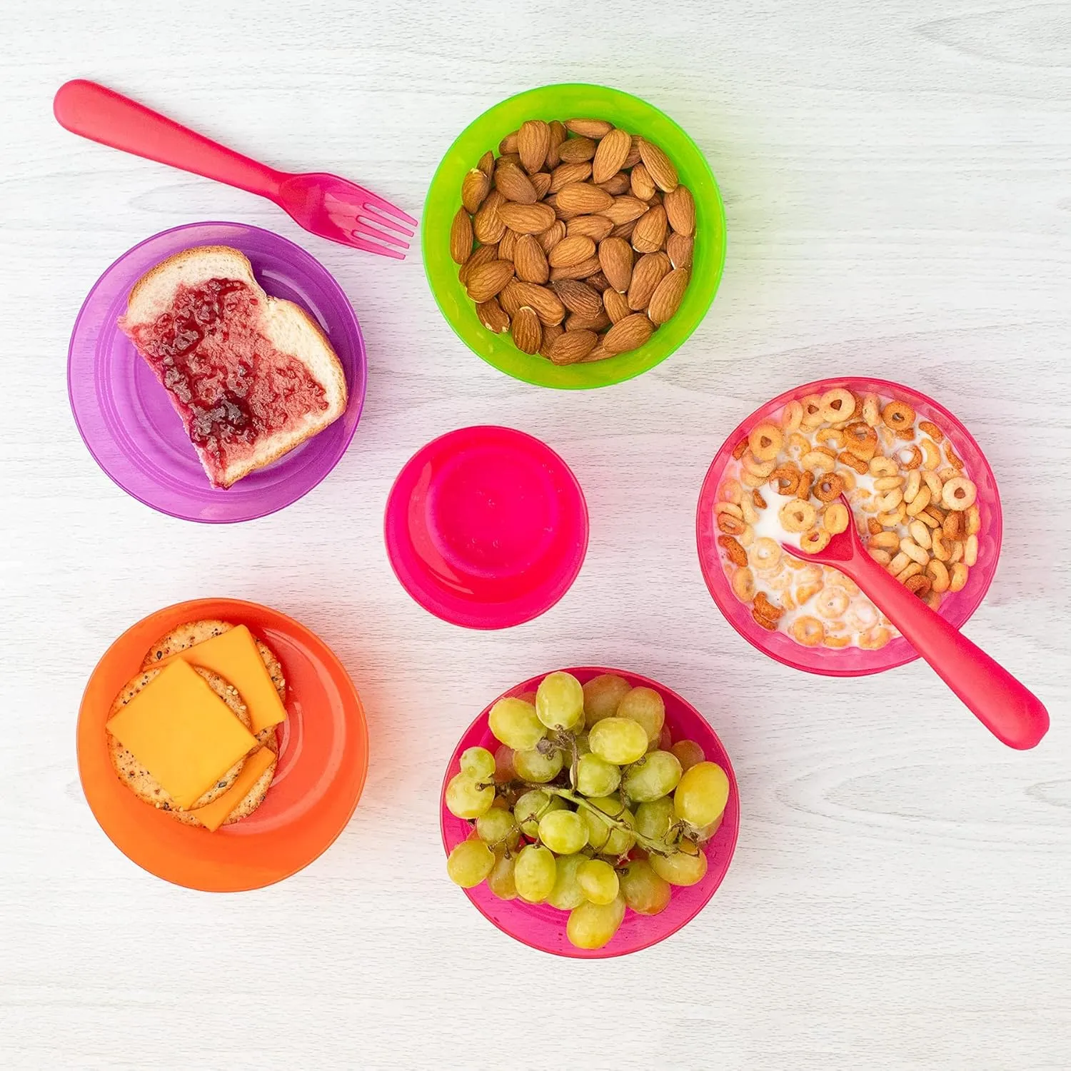 Kids Plastic Dinnerware Set of 72 Multi Color Pieces (Plates, Bowls, Cups and Flatware) - Reusable, BPA-Free, Dishwasher Safe and Microwaveable