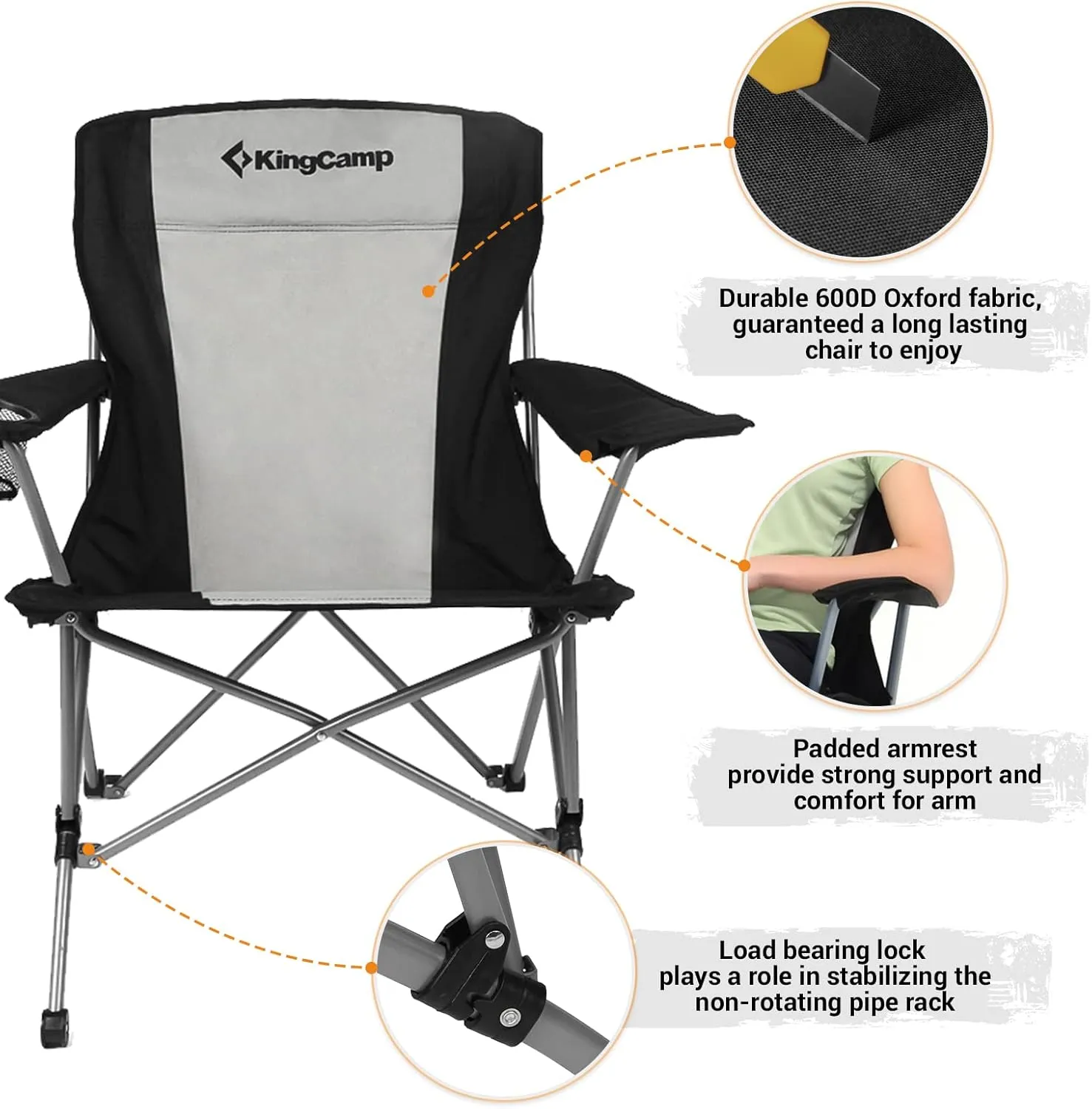 KingCamp Large-Angle Backrest Folding Camping Chairs for Adults with Armrest, Outdoor Camp Chairs Adults with Cup Holder, Lawn Chairs Adults for Outside, Picnic,Travel, BBQ(300 lbs)
