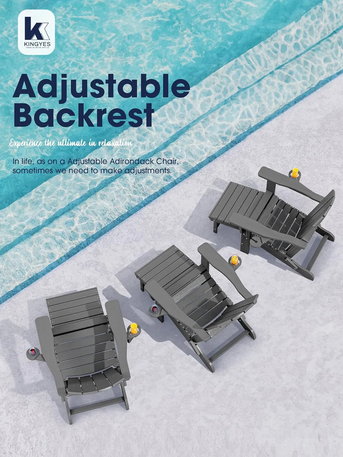 KINGYES Folding Adjustable Adirondack Chair with Ottoman & 2 Cup Holders Set of 4, HDEP Multifunctional Adirondack Chair with Footrest, Grey