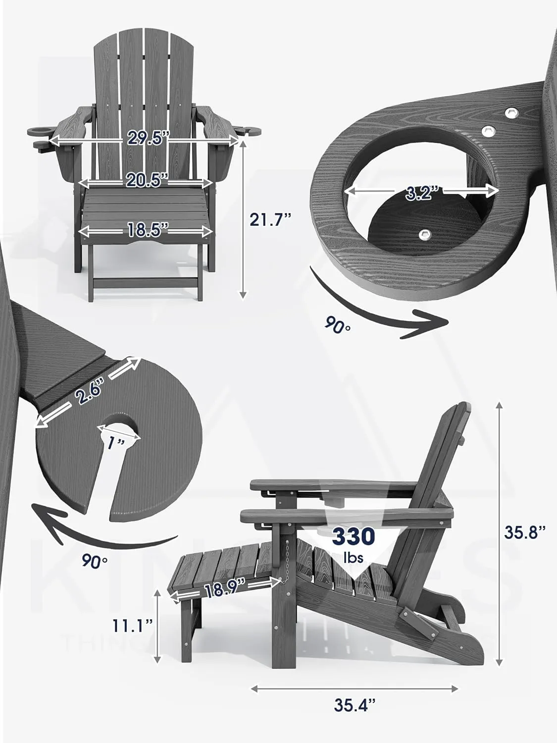 KINGYES Folding Adjustable Adirondack Chair with Ottoman & 2 Cup Holders Set of 4, HDEP Multifunctional Adirondack Chair with Footrest, Grey