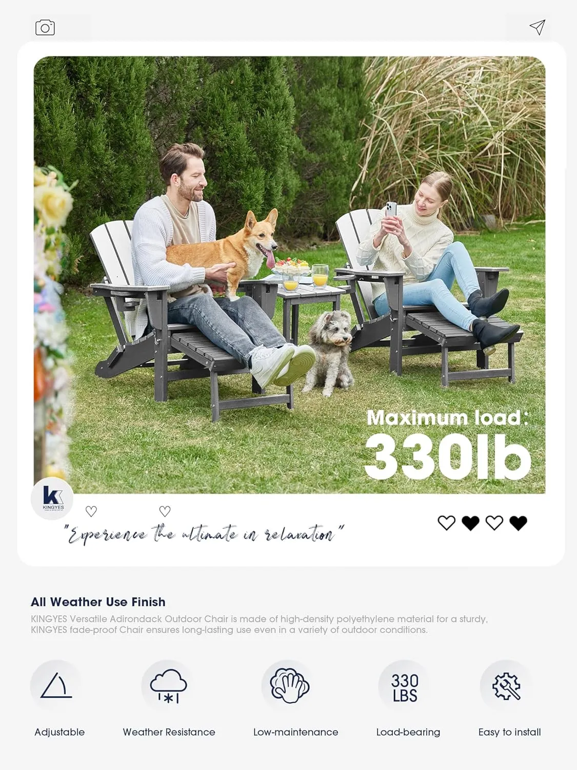 KINGYES Folding Adjustable Adirondack Chair with Ottoman & 2 Cup Holders Set of 4, HDEP Multifunctional Adirondack Chair with Footrest, Grey