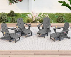 KINGYES Folding Adjustable Adirondack Chair with Ottoman & 2 Cup Holders Set of 4, HDEP Multifunctional Adirondack Chair with Footrest, Grey