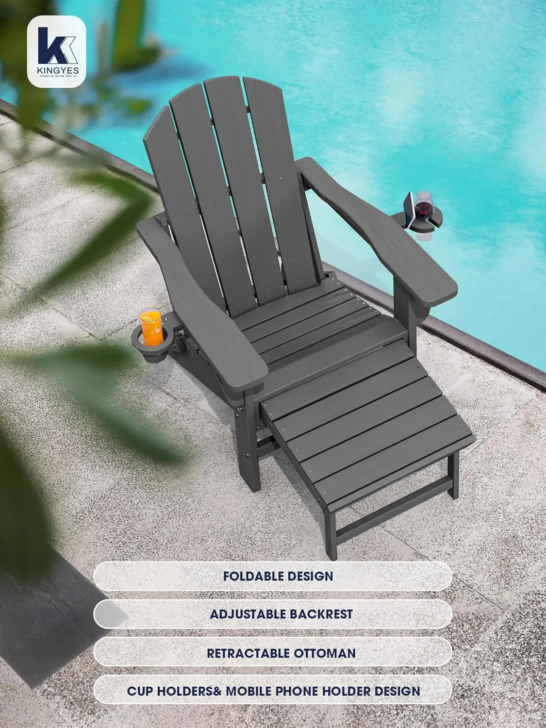 KINGYES Folding Adjustable Adirondack Chair with Ottoman & 2 Cup Holders Set of 4, HDEP Multifunctional Adirondack Chair with Footrest, Grey