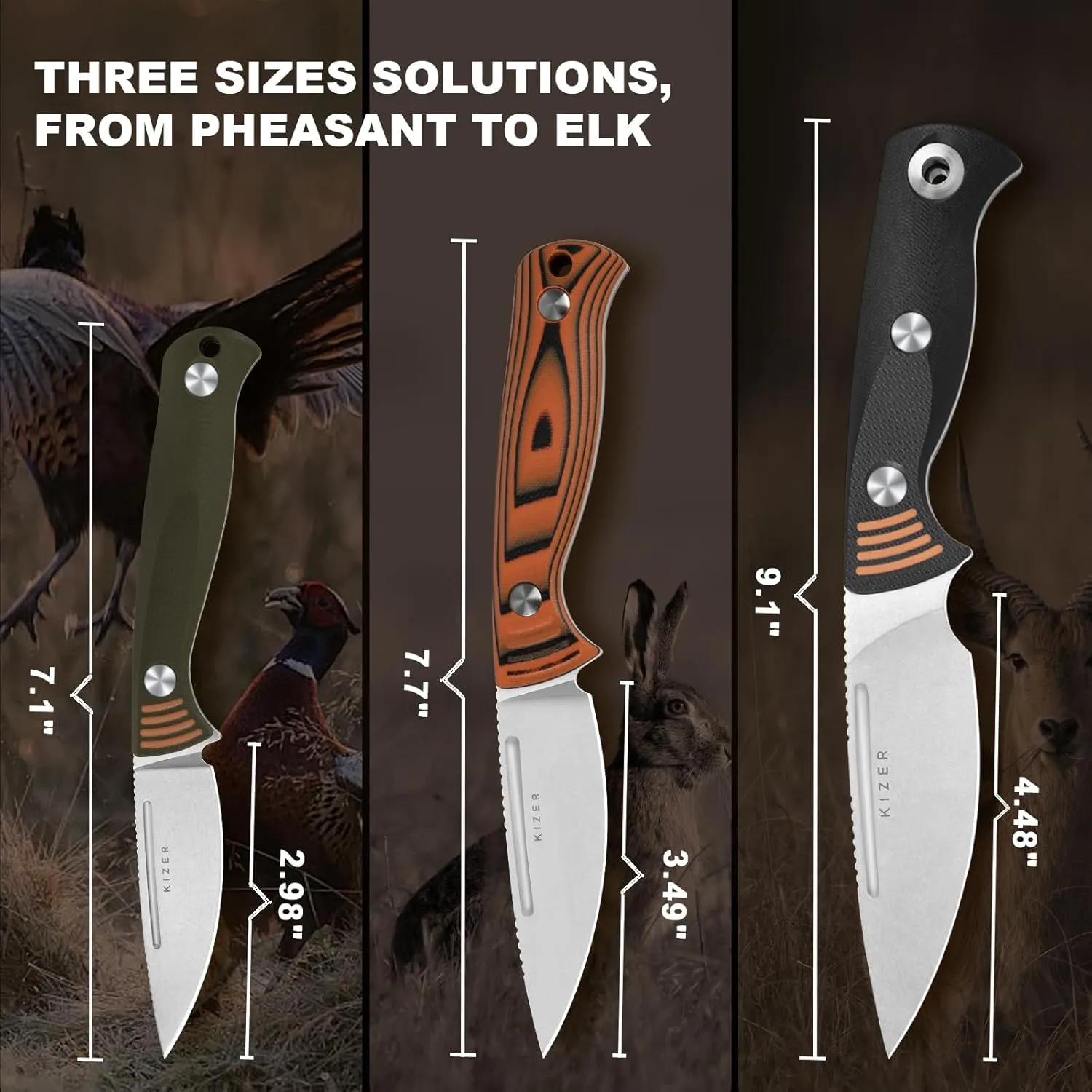 Kizer Evenki2 Fixed Blade Knife, 3.49" AEB-L Drop Point Blade Hunting Knife with Orange & Black G10 Handle, Full Tang Survival Knives with Adjustable Sheath & Sharpener, Camping Hiking Knives, 1098A1