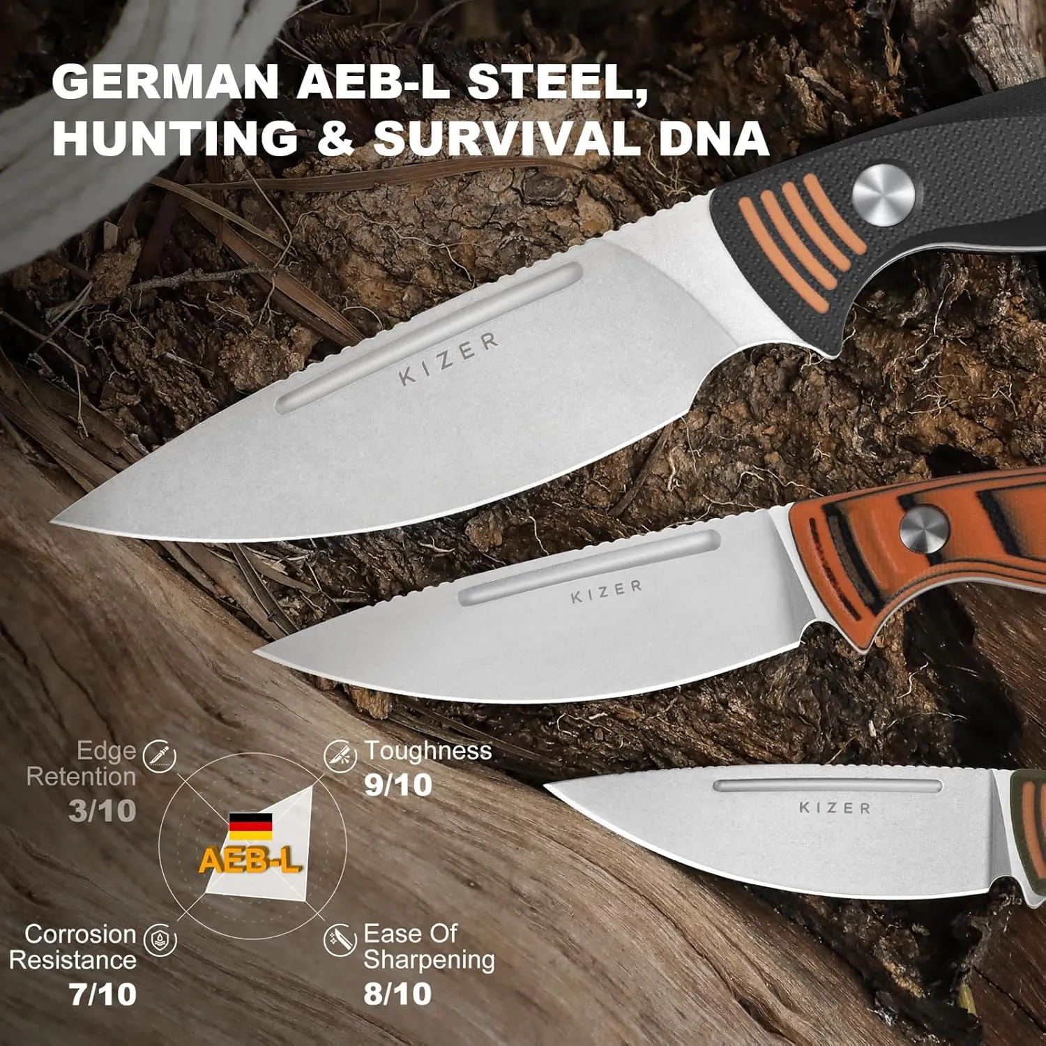 Kizer Evenki2 Fixed Blade Knife, 3.49" AEB-L Drop Point Blade Hunting Knife with Orange & Black G10 Handle, Full Tang Survival Knives with Adjustable Sheath & Sharpener, Camping Hiking Knives, 1098A1